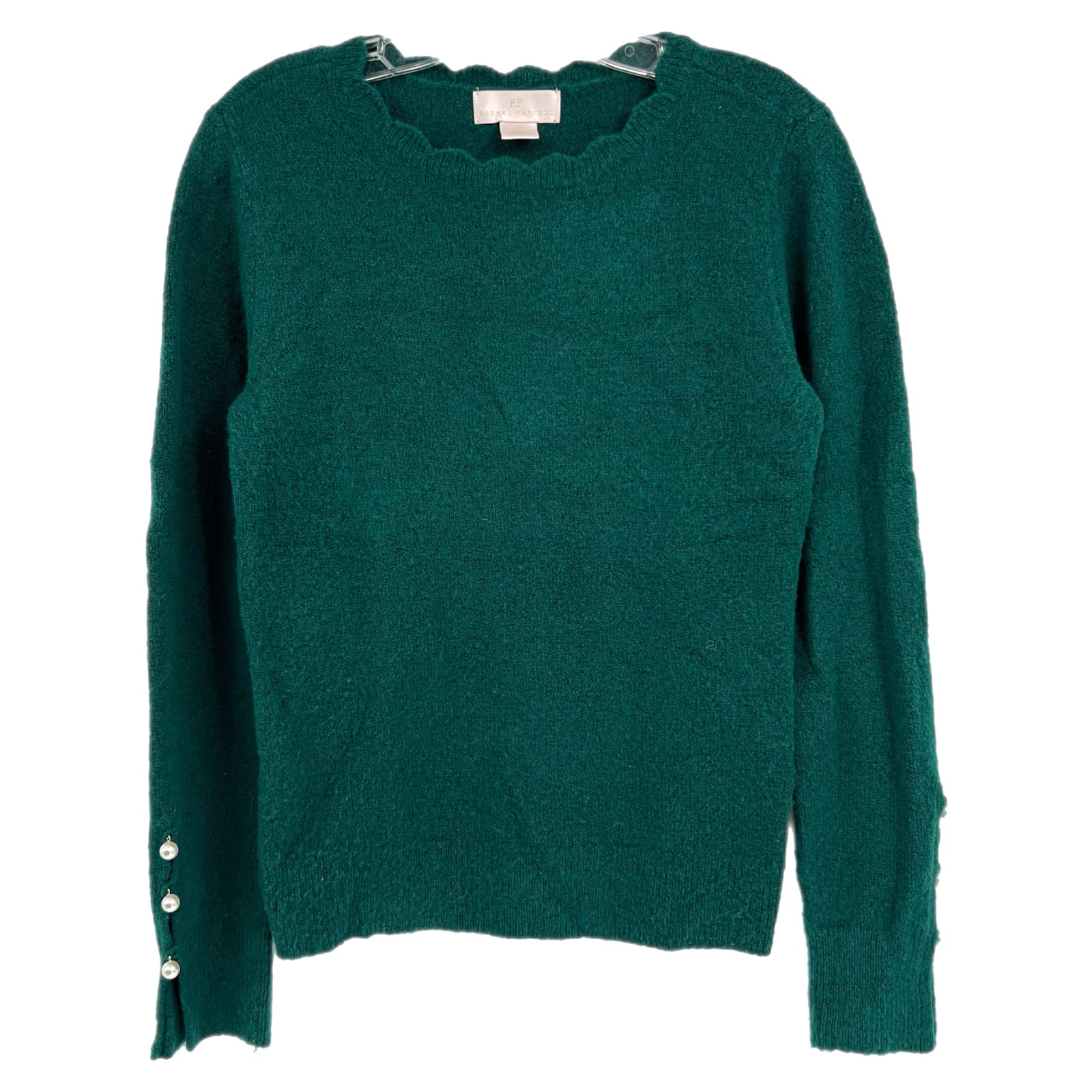 Rachel Parcell Green Pearl Accent Scallop Neck Sweater