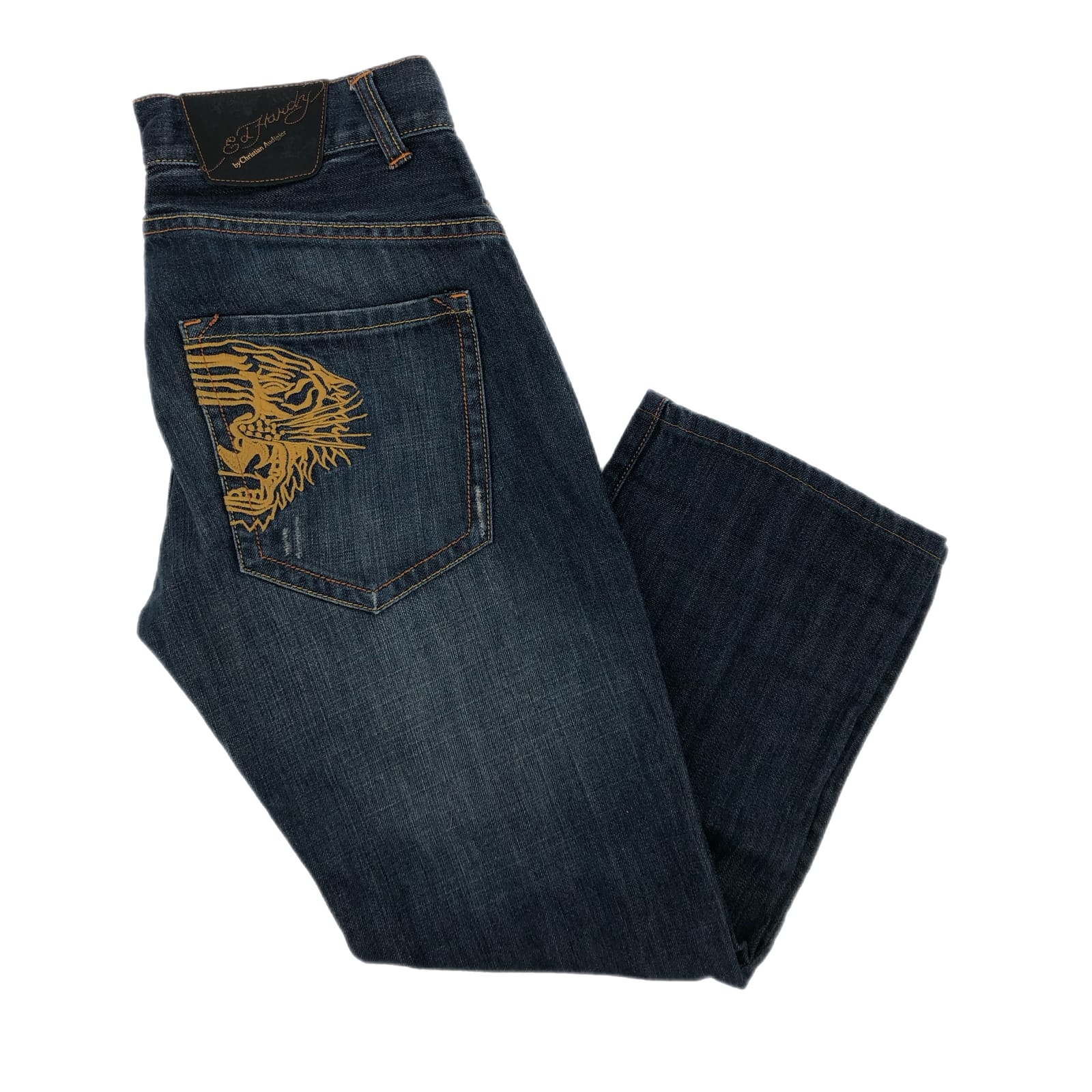 Ed Hardy Blue/Yellow Distressed Straight Leg Jeans