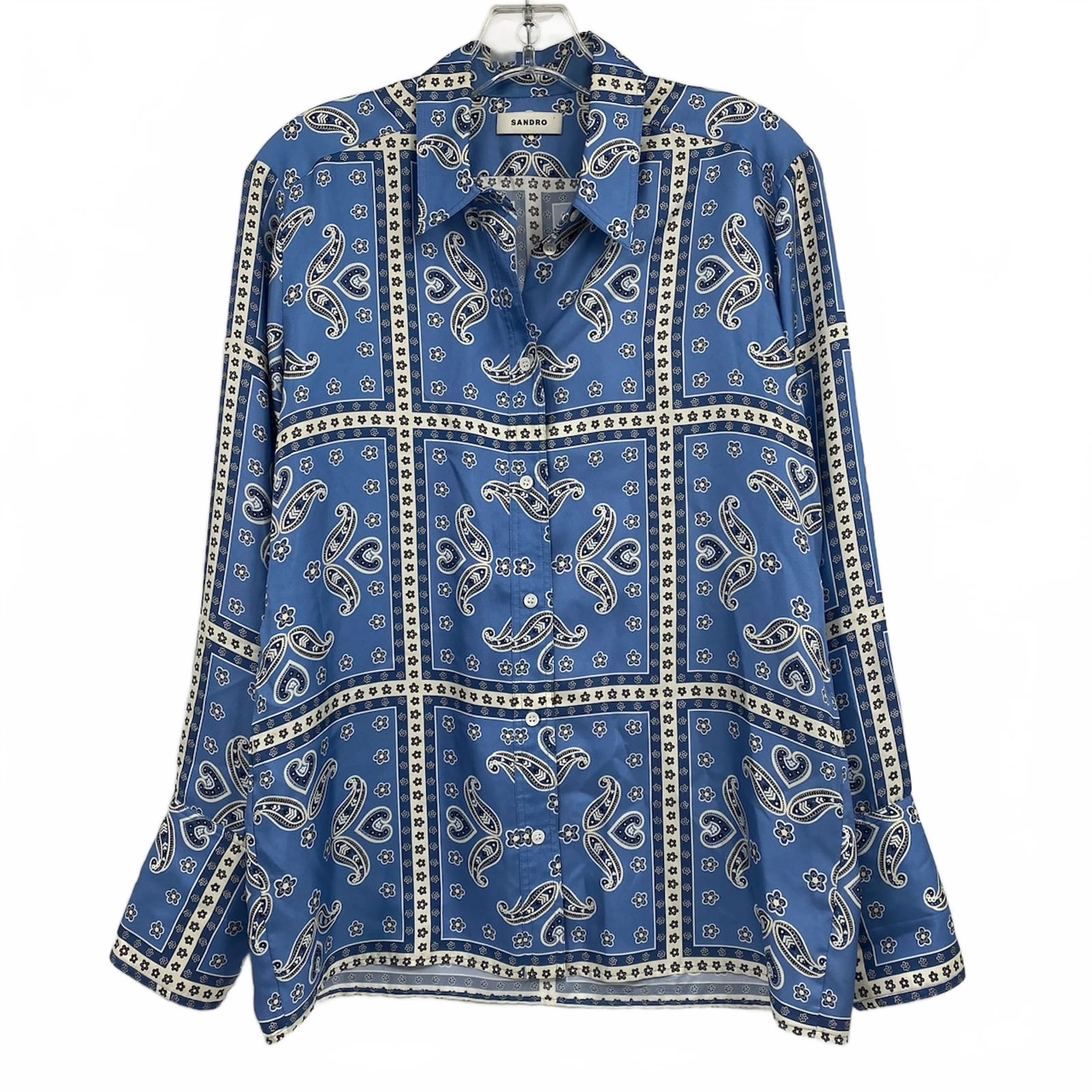 Sandro Blue White Paisley Silk Button Up Shirt