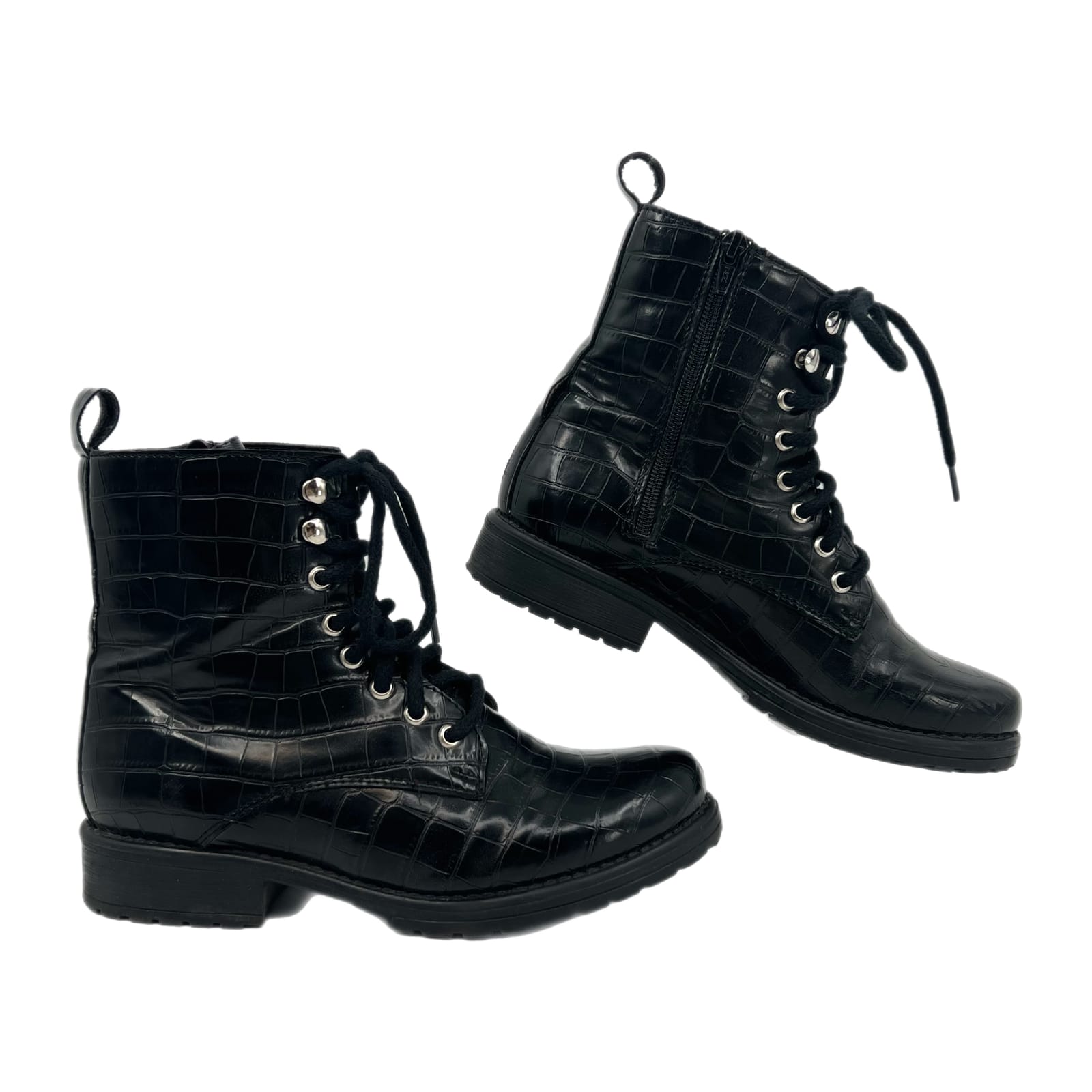 Steve Madden Black Crocodile Print Lace Up Combat Boots
