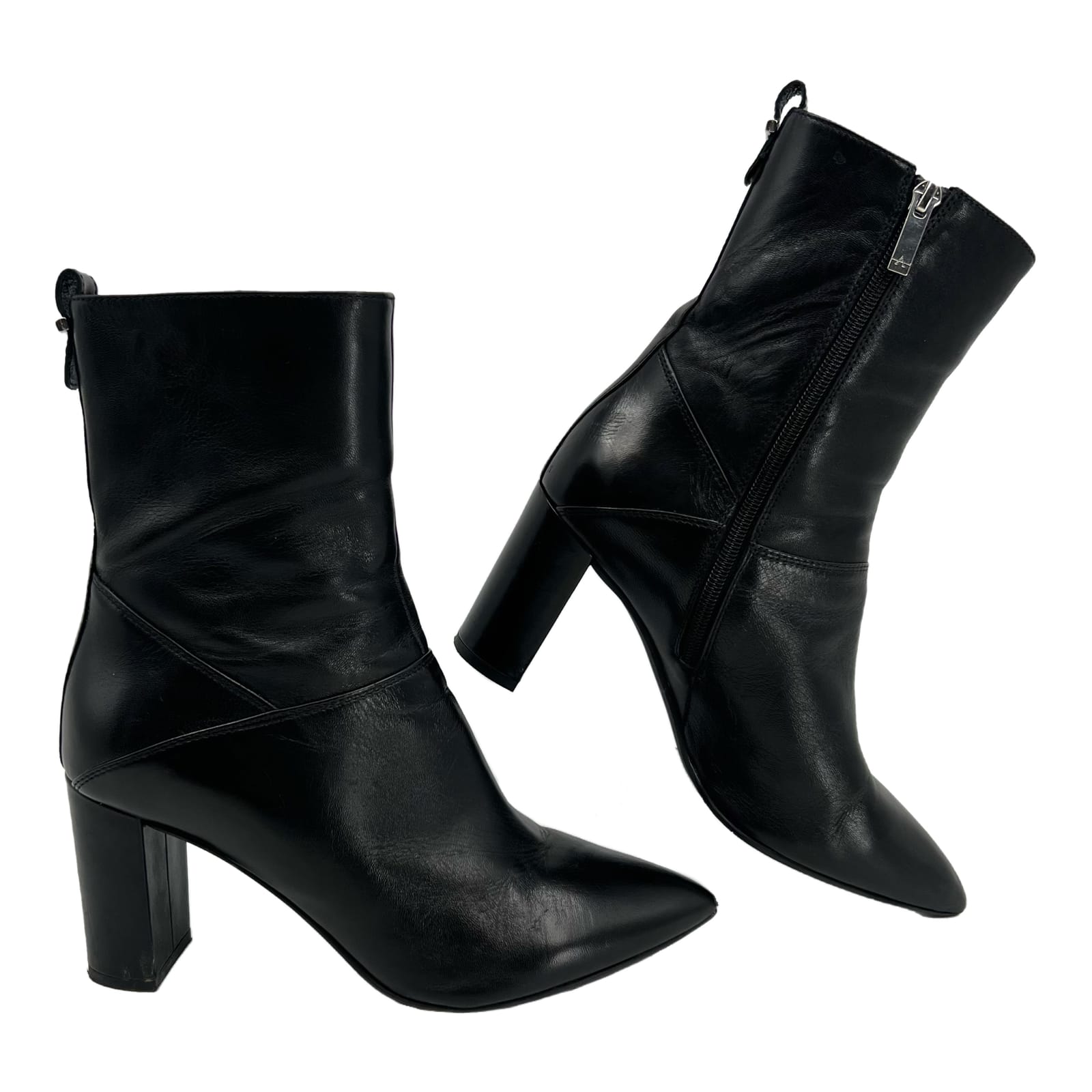 Aquatalia Black Leather Pointed Toe Block Heel Boots