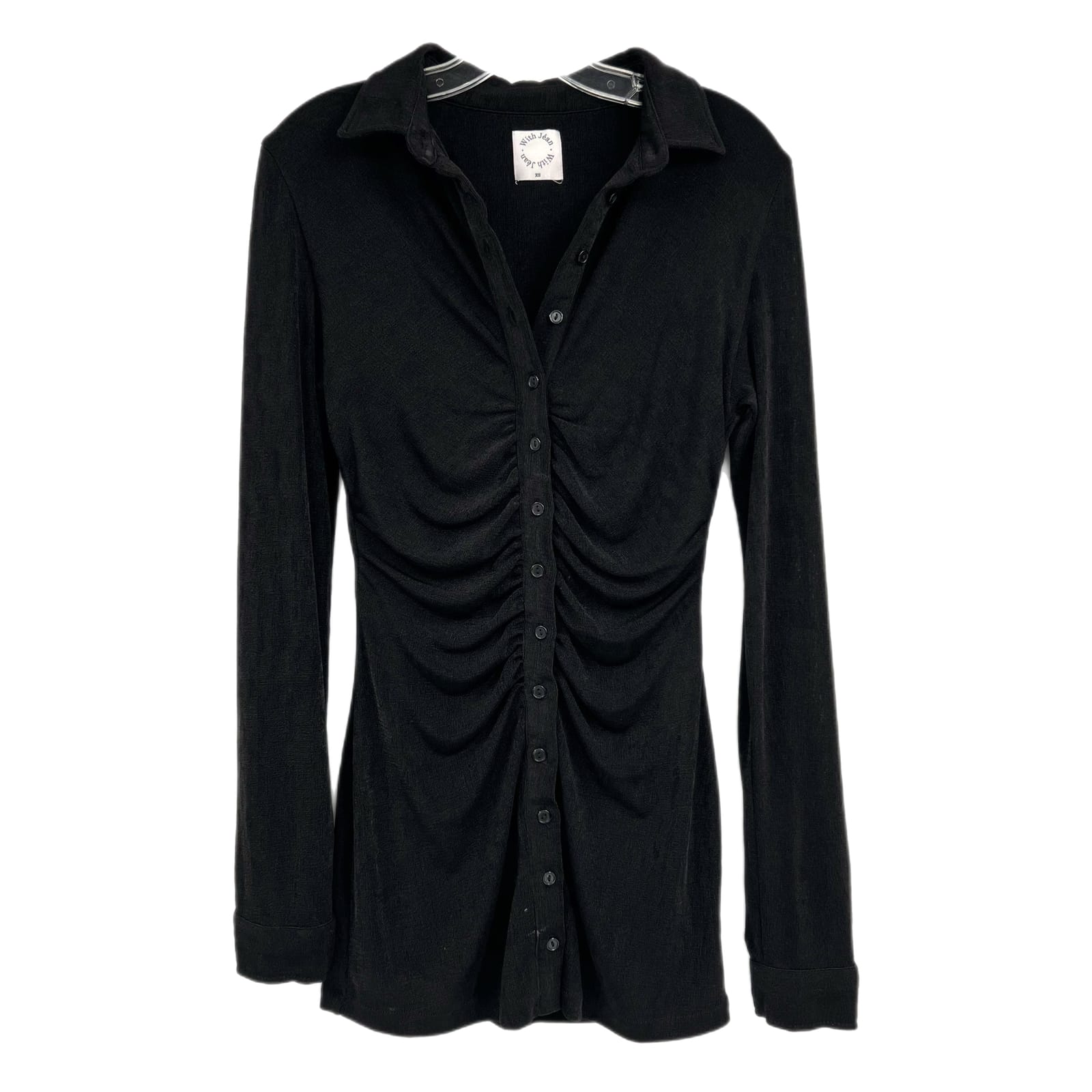 With Jean Black Andy Button Front Long Sleeve Mini Dress