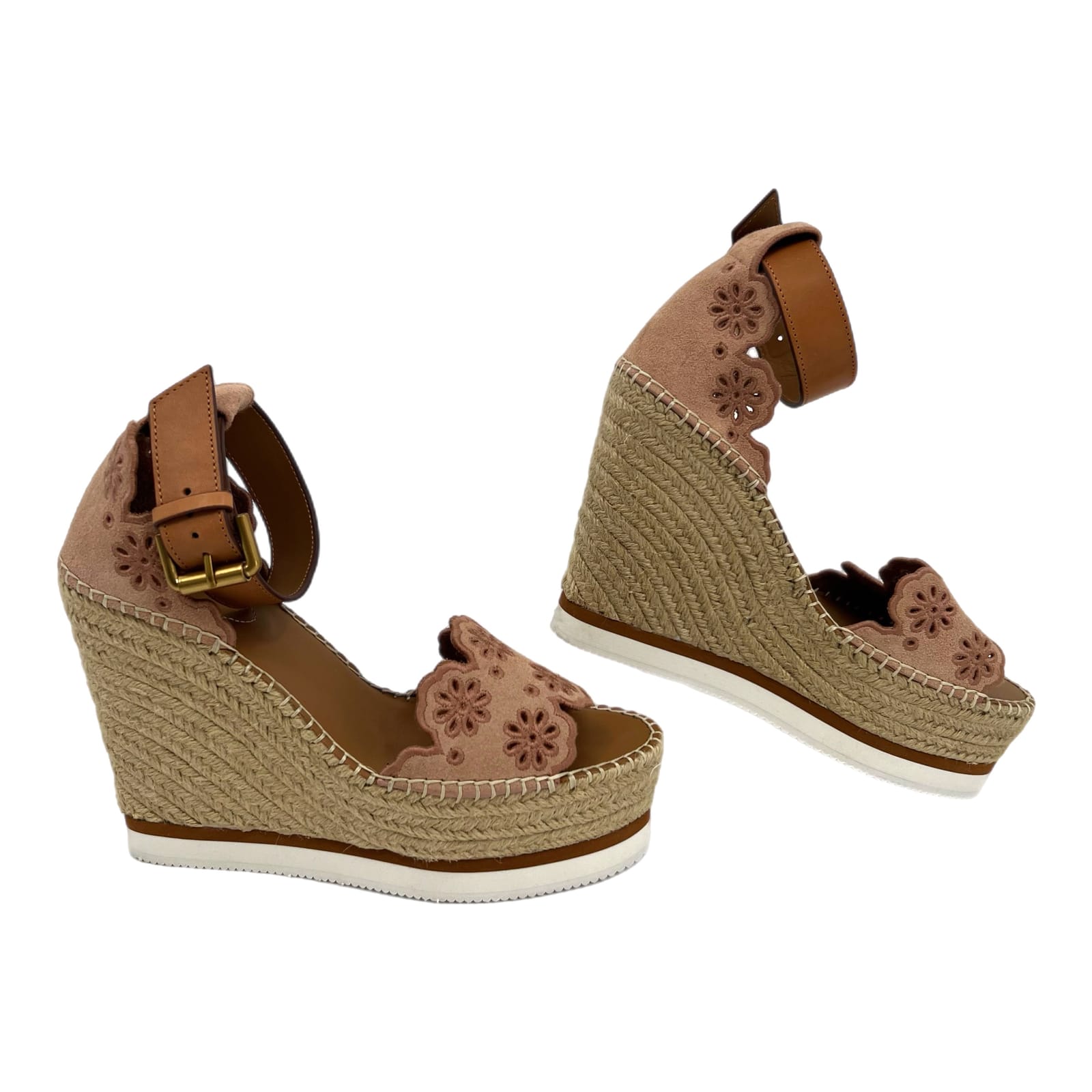 See By Chloe Pink Tan Eyelet Espadrille Wedges