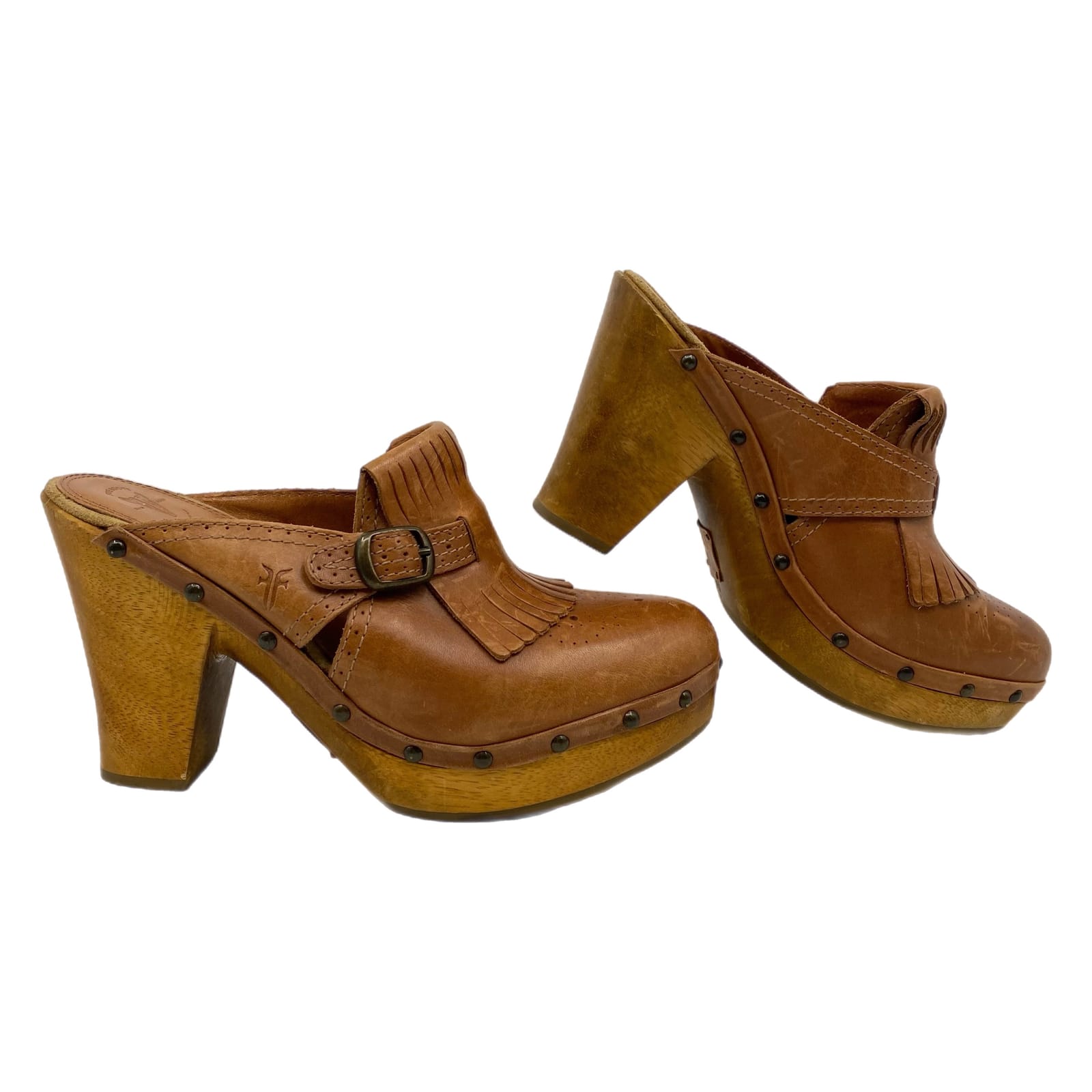 Frye Tan Leather Ellie Kiltie Mule Clogs