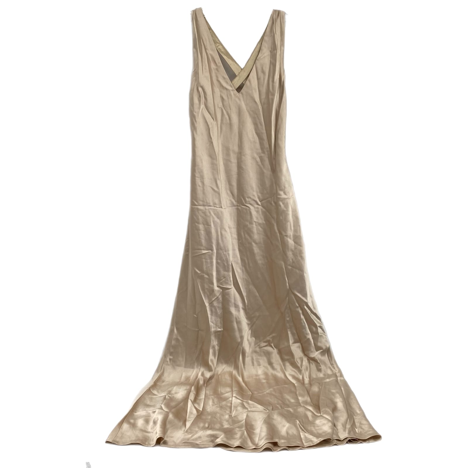 ABS Beige Satin Criss Cross Back Maxi Dress