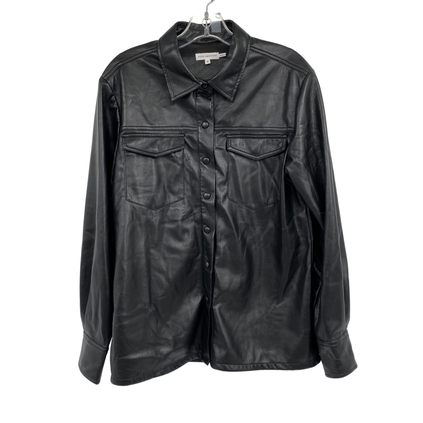 Good American Black Faux Leather Button-Up Shirt