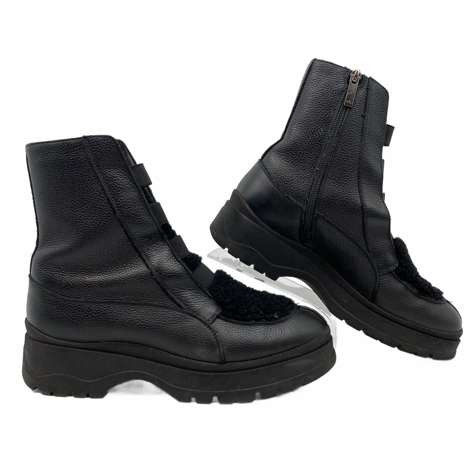 Aquatalia Black Fuzzy Accent Leather Combat Boots