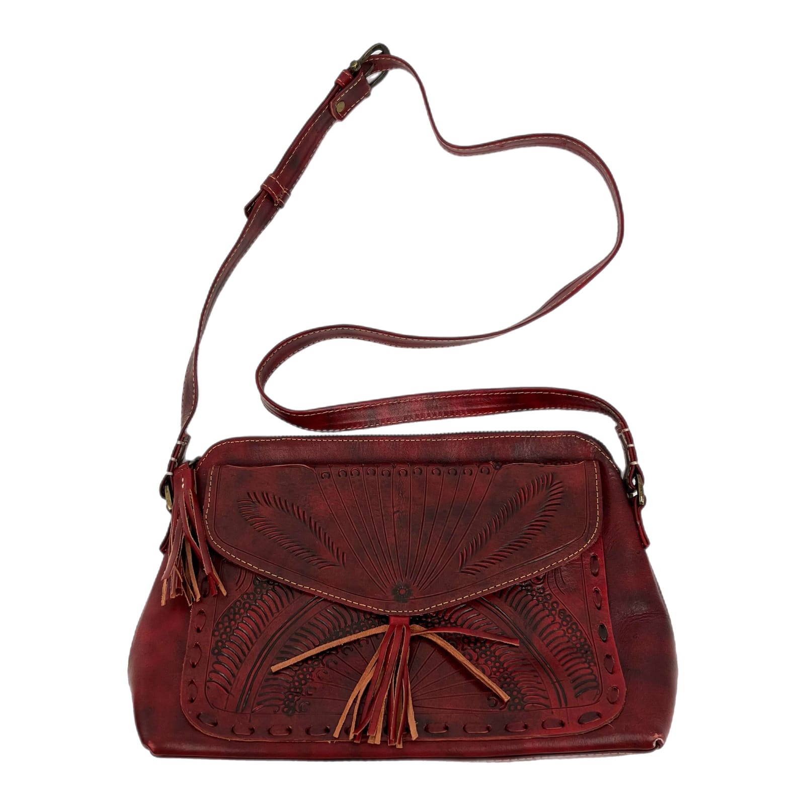 Leaders in Leather Red Tasseled Crossbody Bag