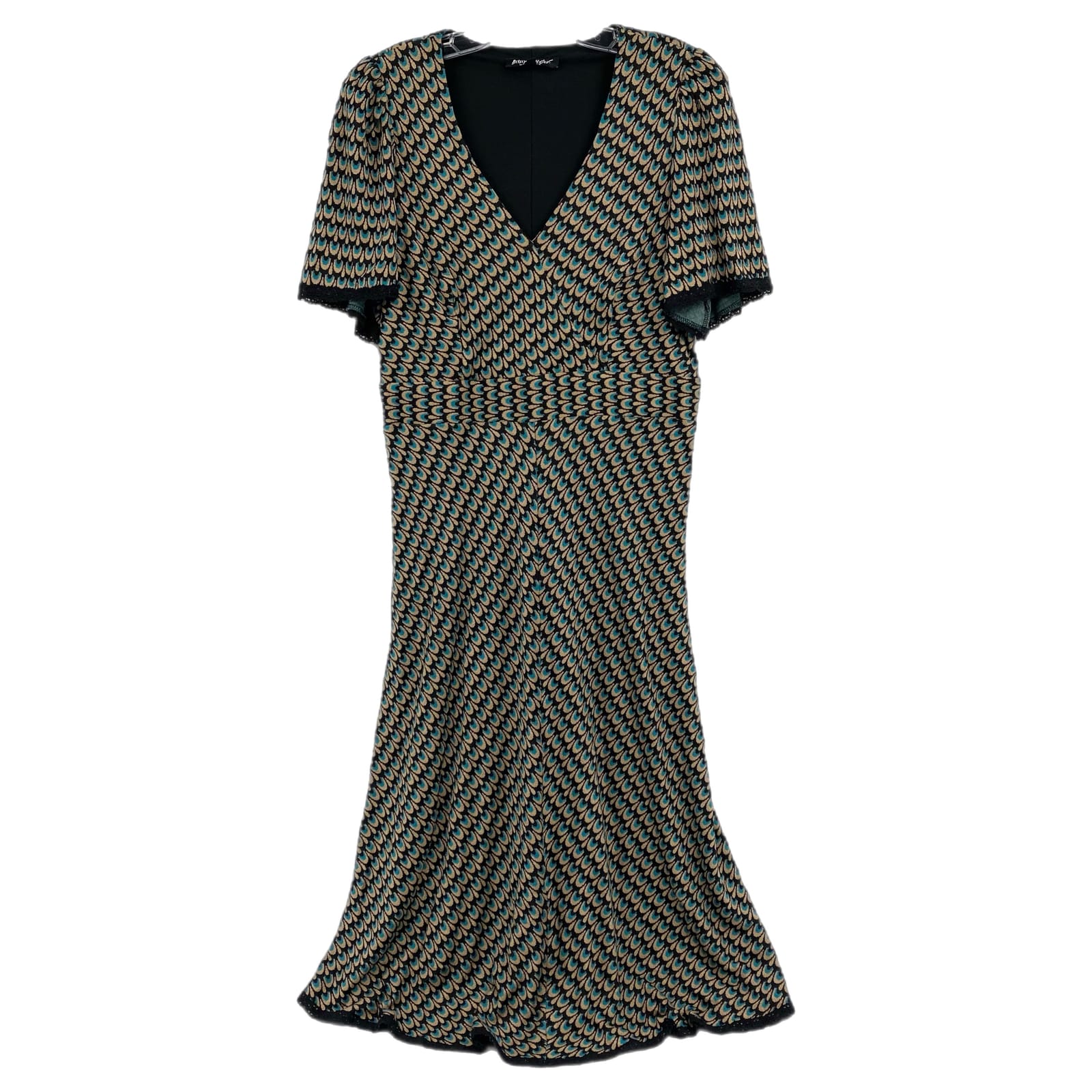 Betsey Johnson Black Blue Patterned Lace Trim Midi Dress