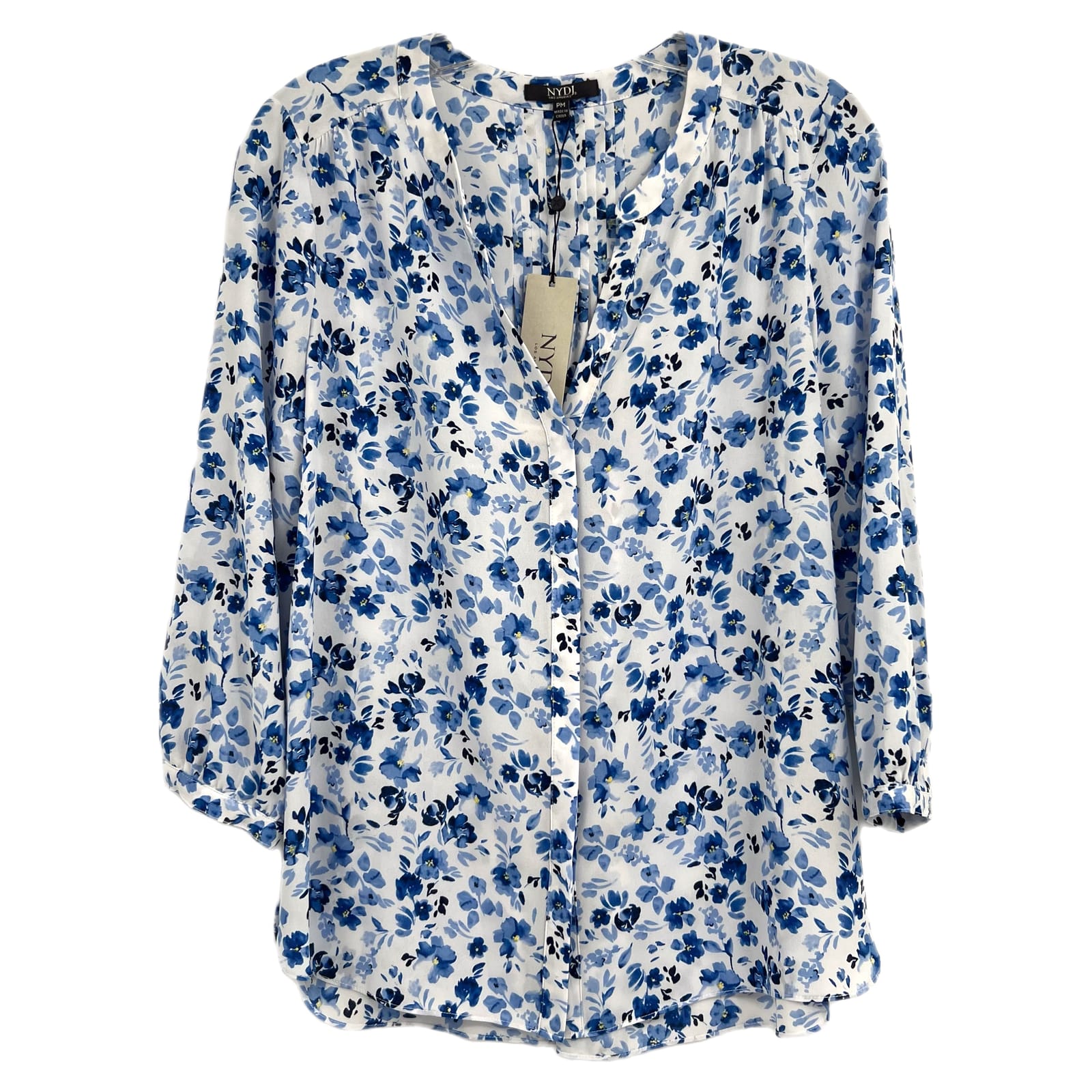 NYDJ White Blue Button Floral Blouse