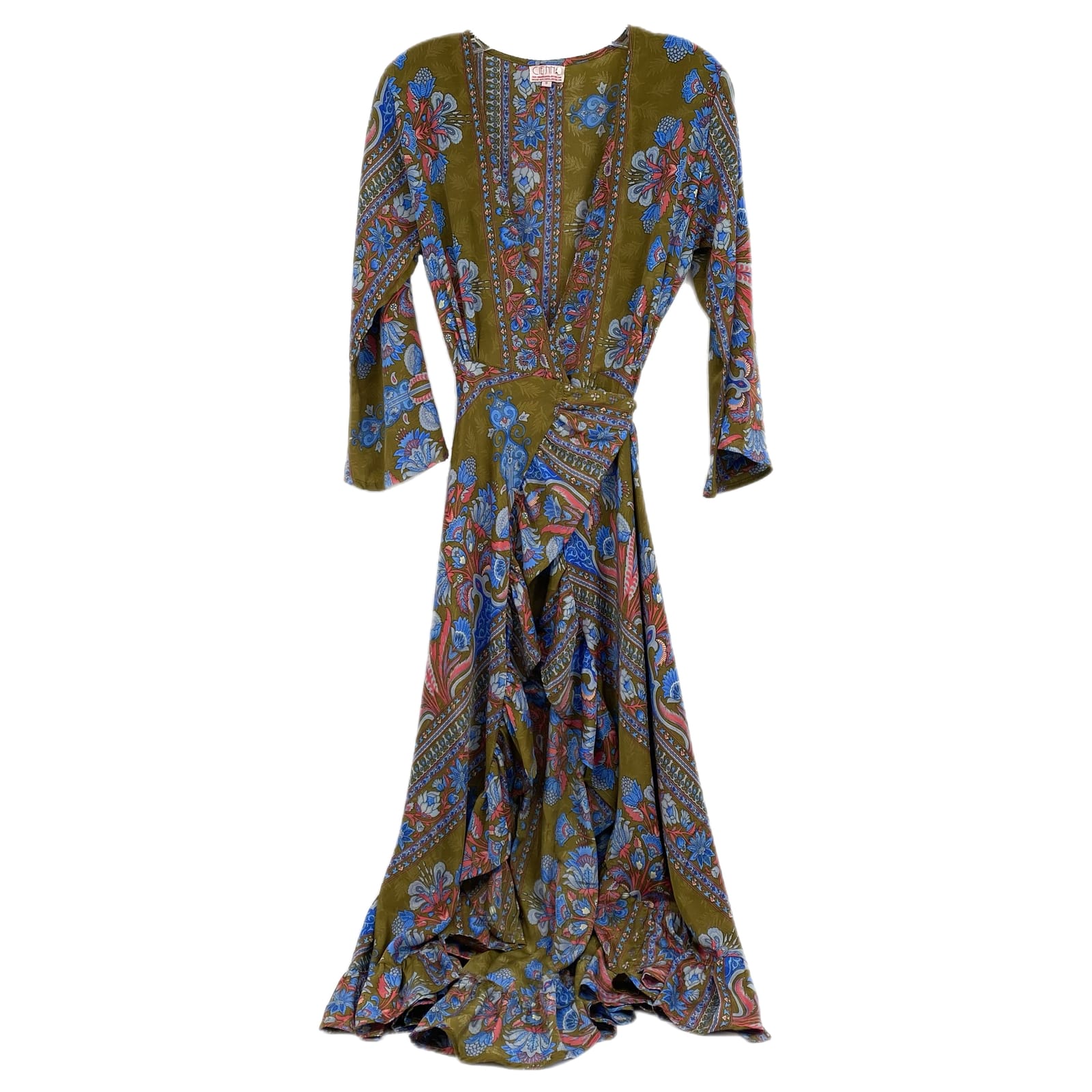 Cienna Green Blue Floral Wrap Midi Dress