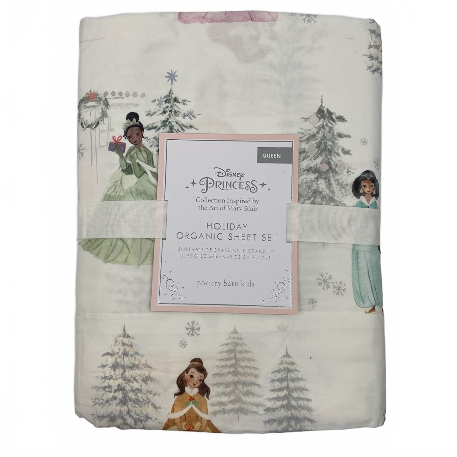 Pottery Barn Kids Cream Disney Princess Holiday Organic Queen Sheet Set