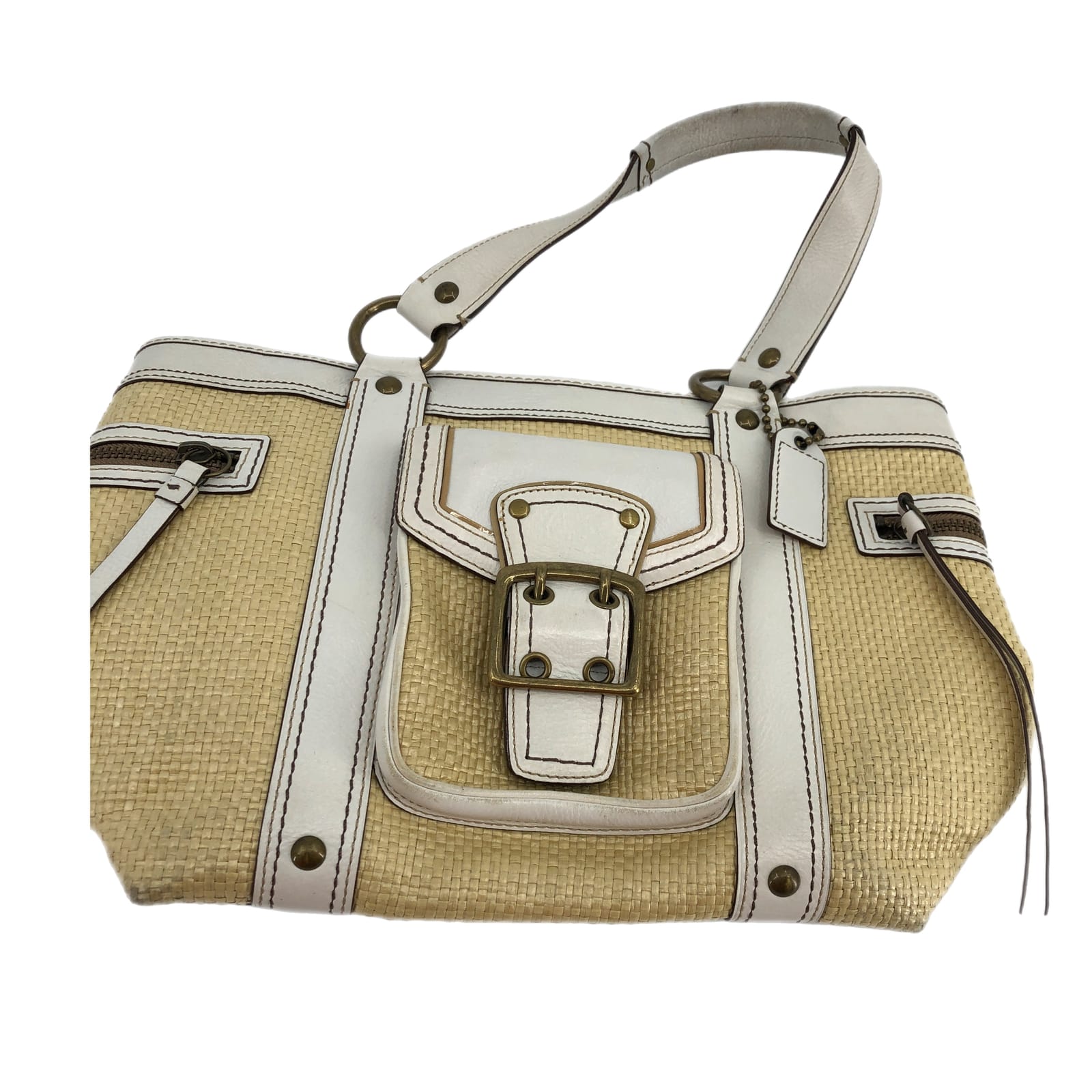 Coach Cream & White Legacy Straw Shoulder Bag