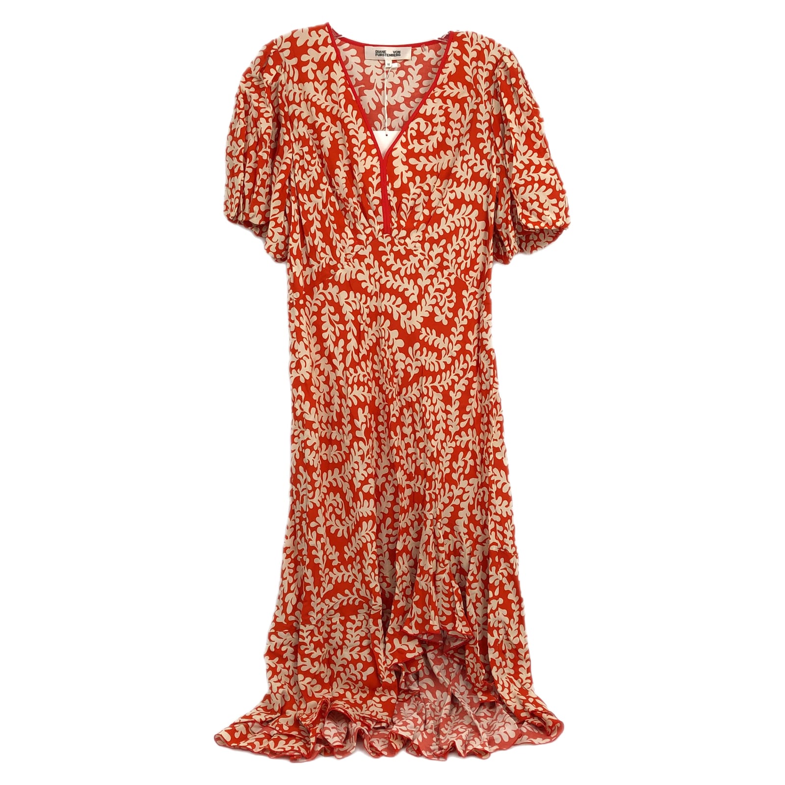 Diane Von Furstenberg Orange Cream Madrid Patterned Ruffle Hem Midi Dress