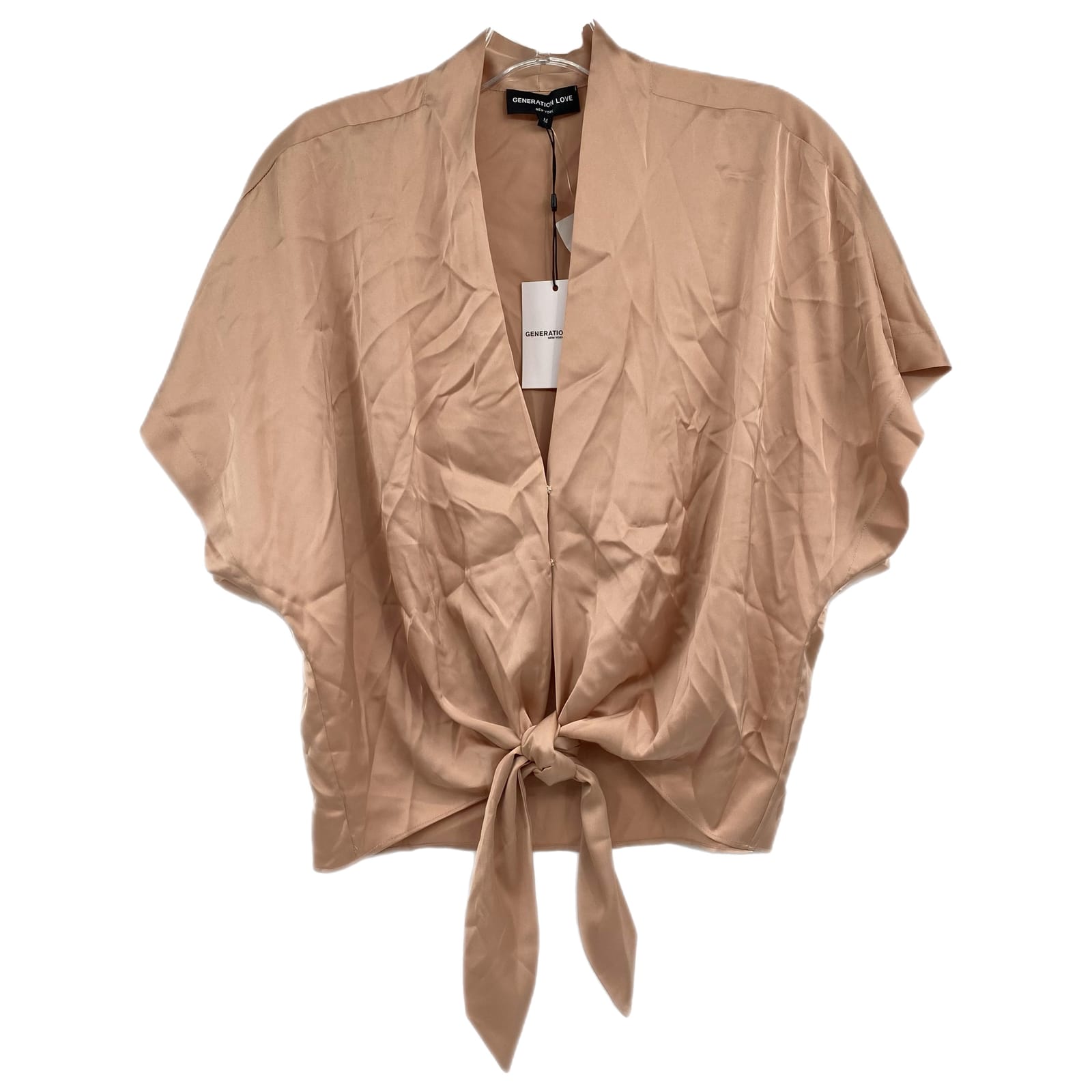 Generation Love Tan Satin Tie Front V-Neck Blouse