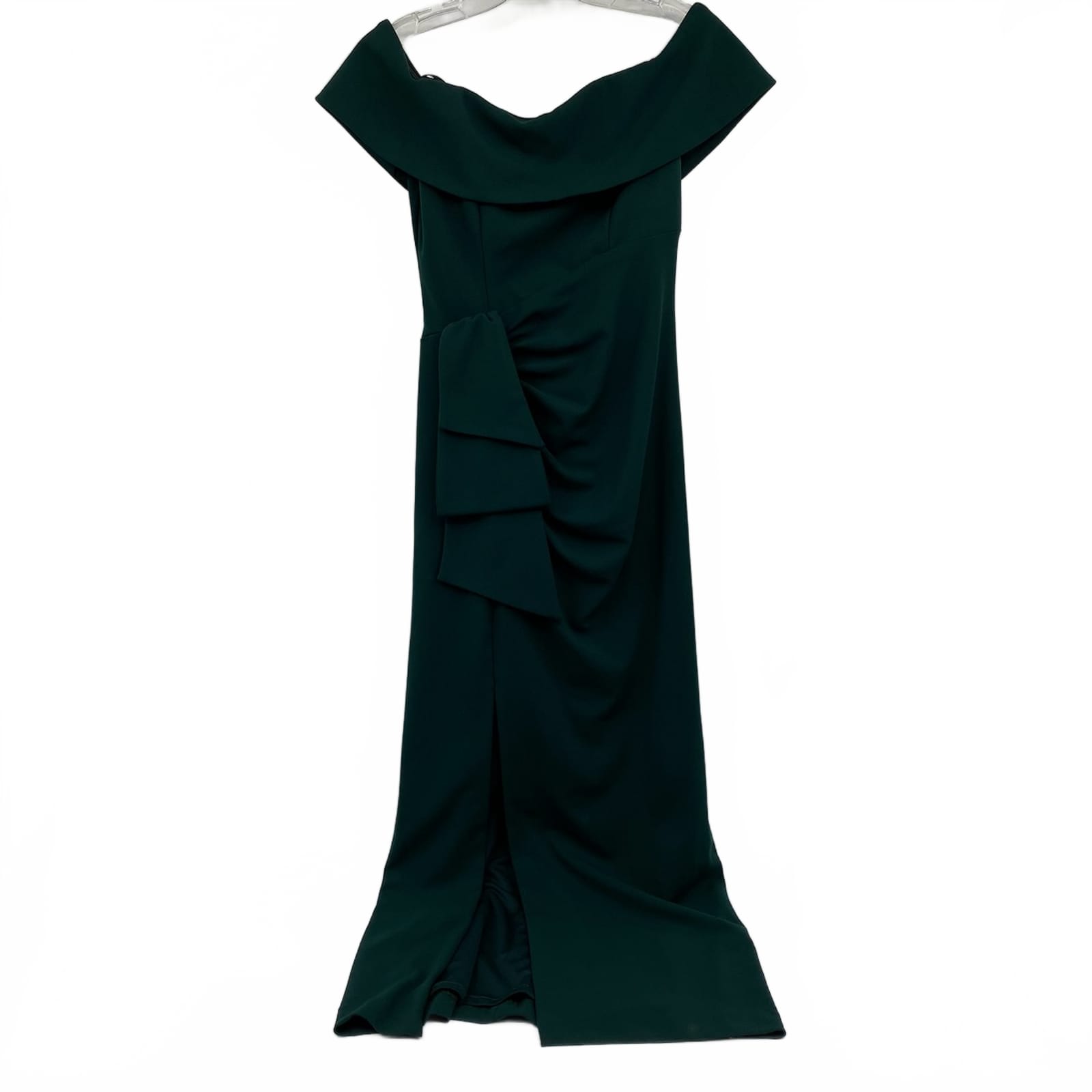 Xscape Green Off the Shoulder Ruched Maxi Dress