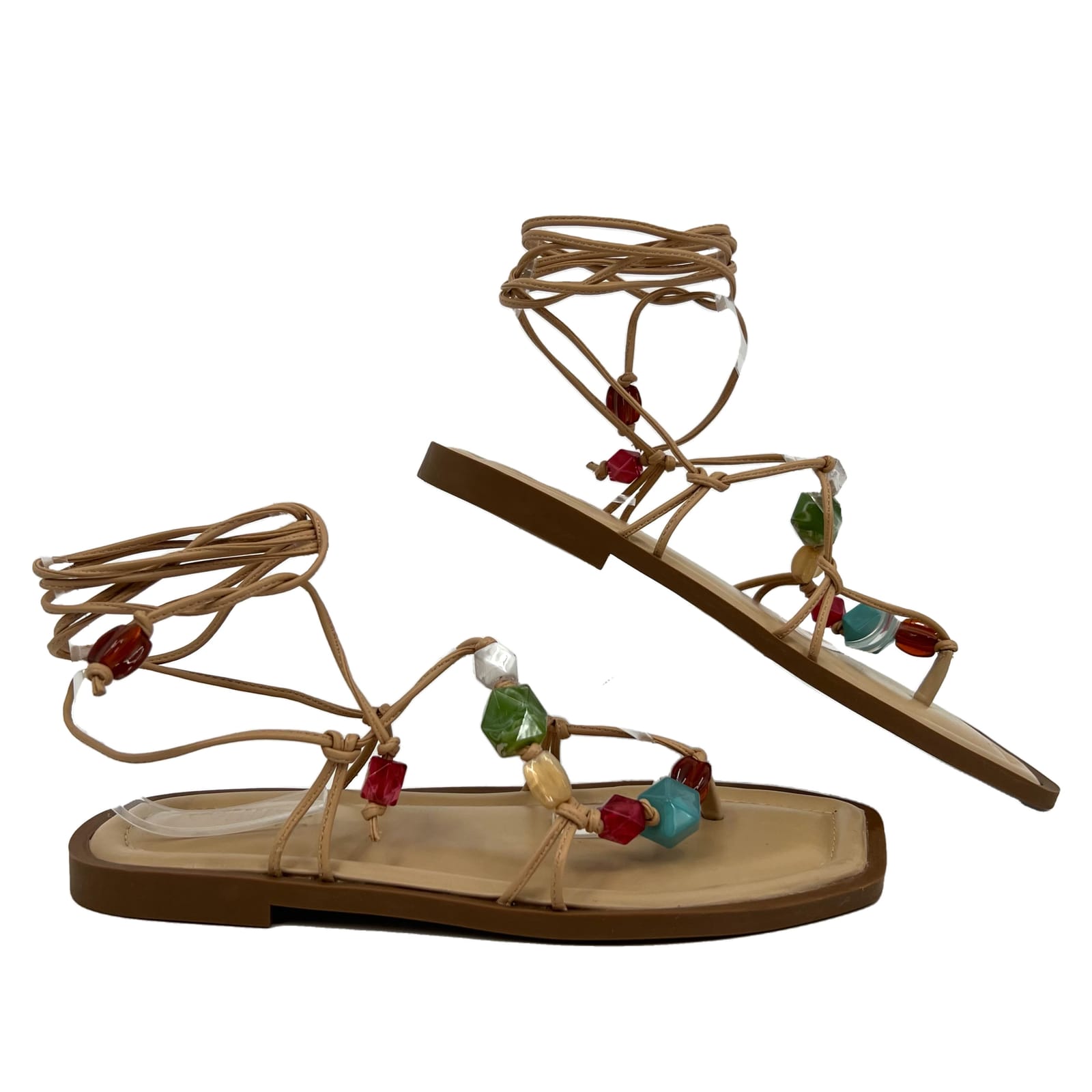 SCHUTZ Tan Beaded Strappy Wrap Leather Sandals