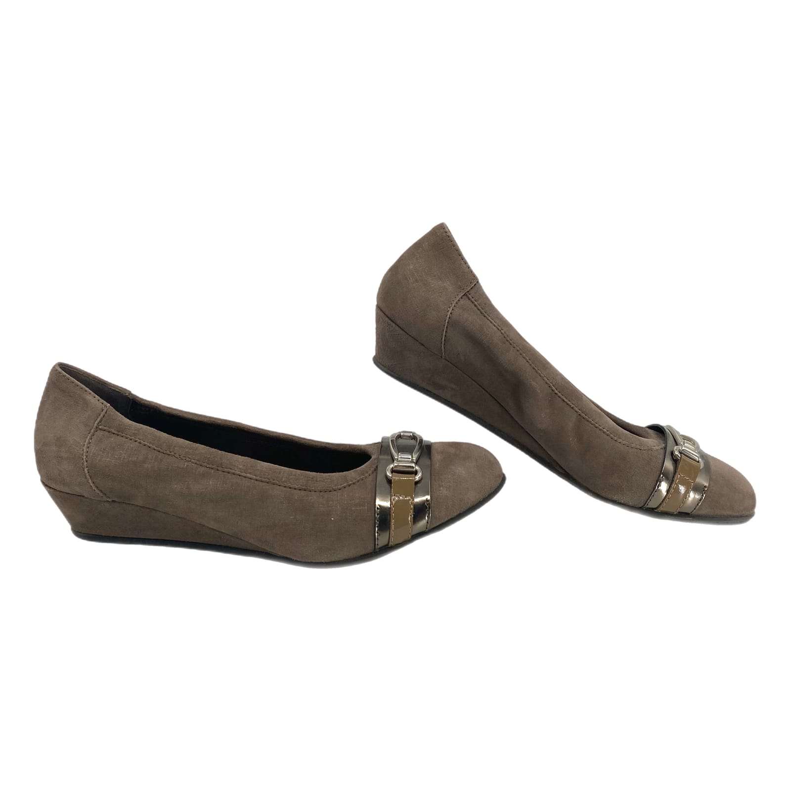 AGL Brown Low Heel Suede Buckle Wedges