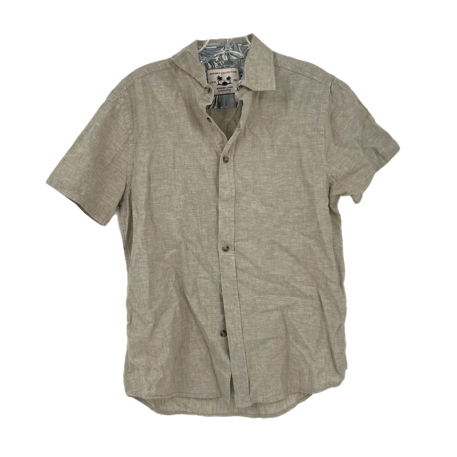 Report Collection Tan Linen Short Sleeve Button-Up Shirt