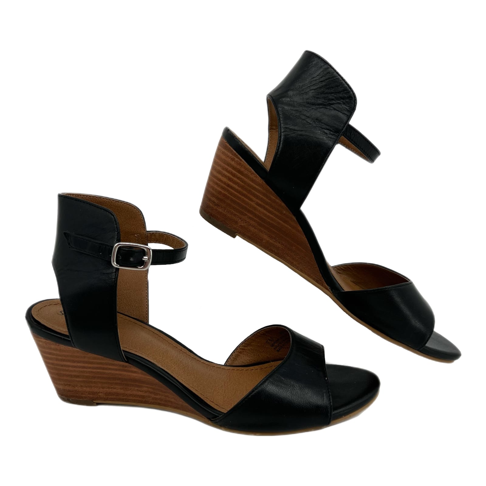 Susina Black Brown Leather Buckle Wedge Sandals