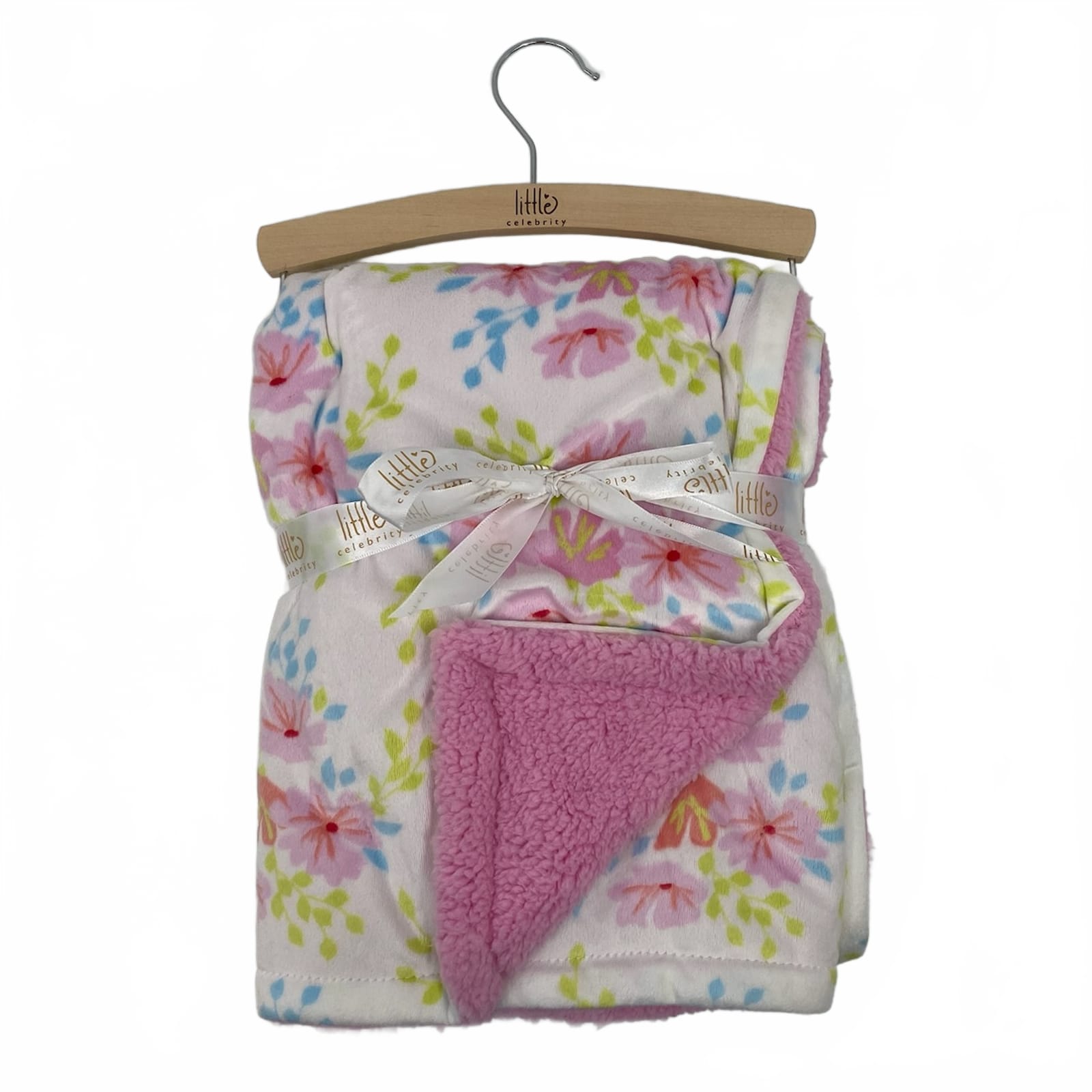 Little Celebrity Pink Blue Floral Mink to Sherpa Blanket