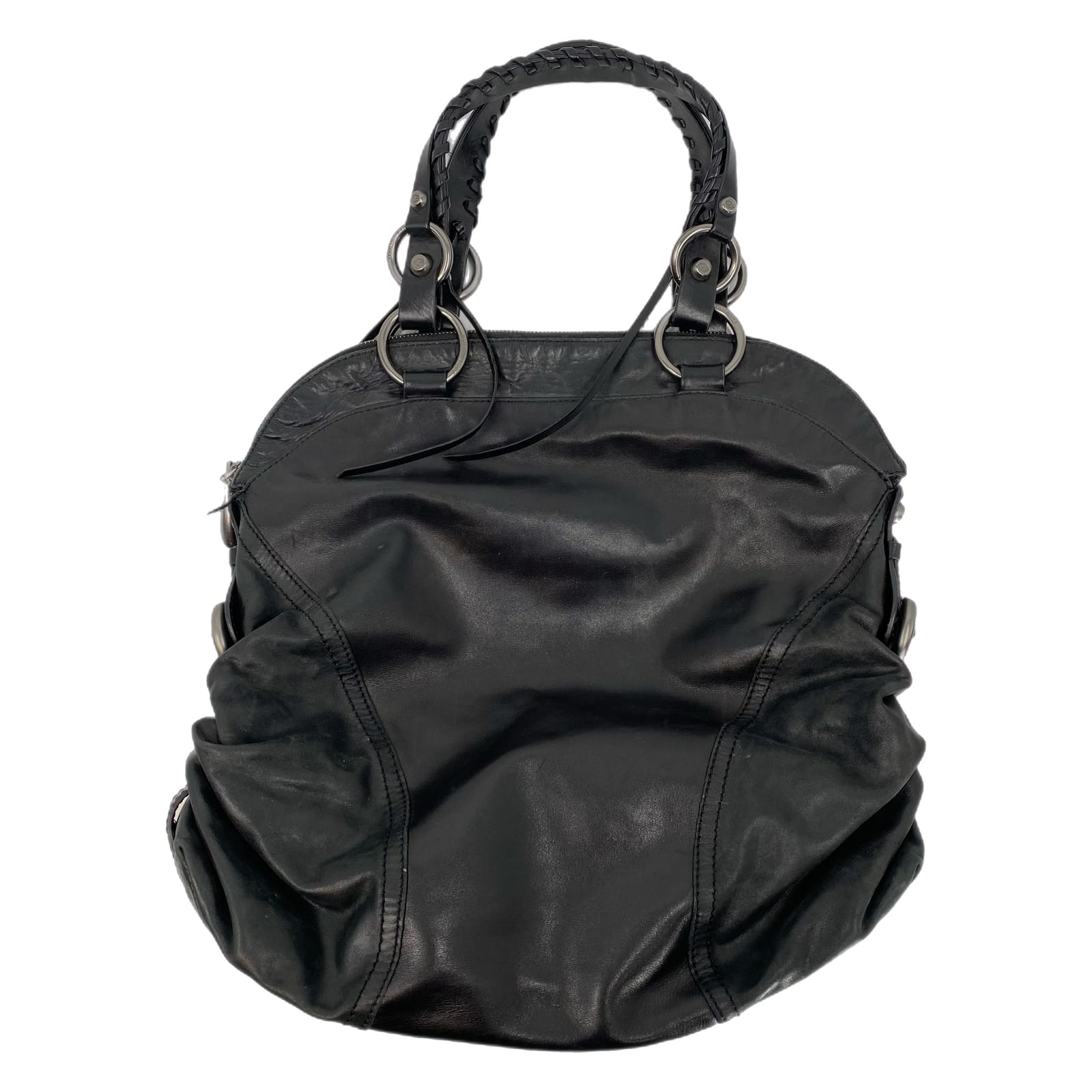 Francesco Biasia Black Leather Ruched Side Shoulder Bag
