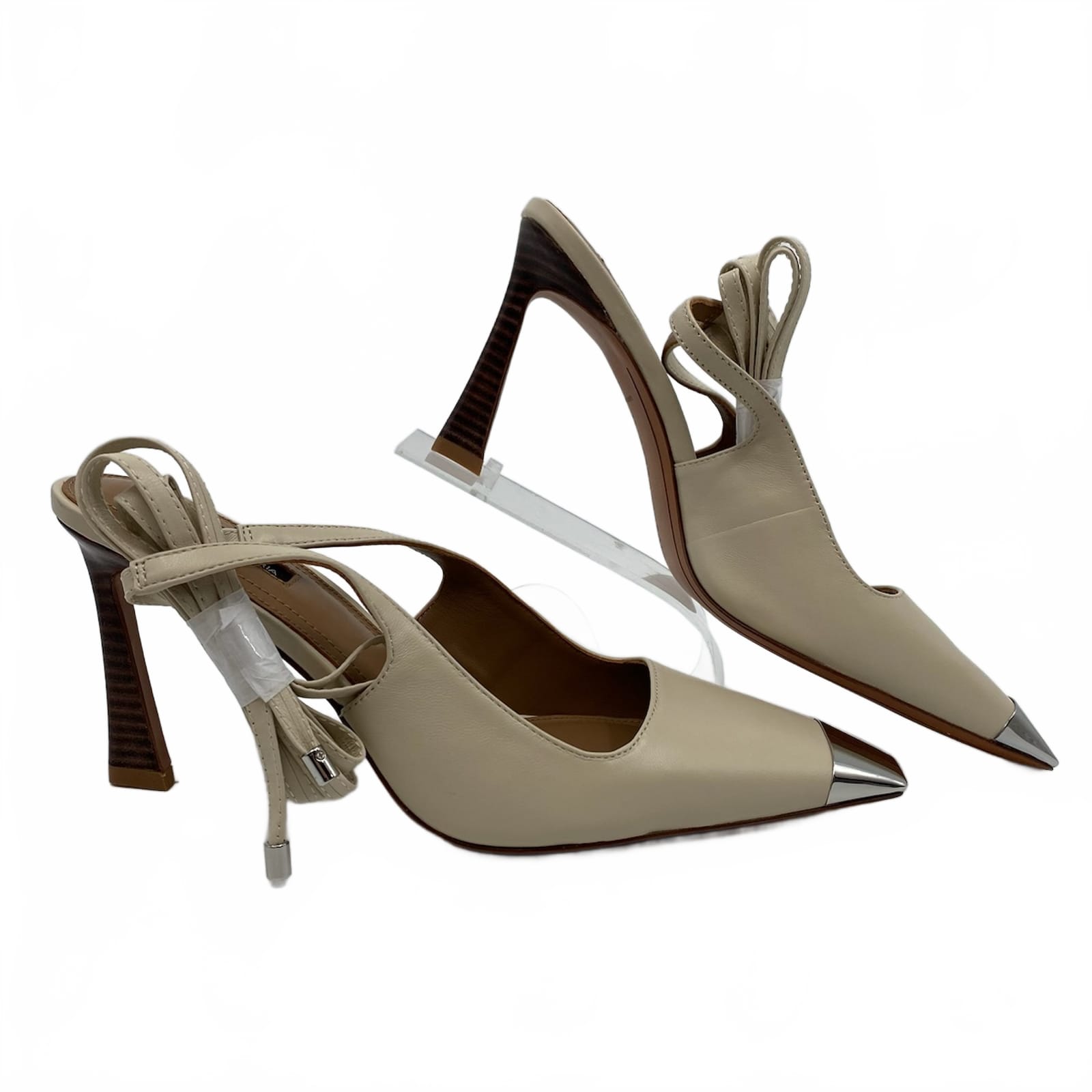 BCBGMaxAzria Beige Silver Cap Toe Lace Up Ankle Heels