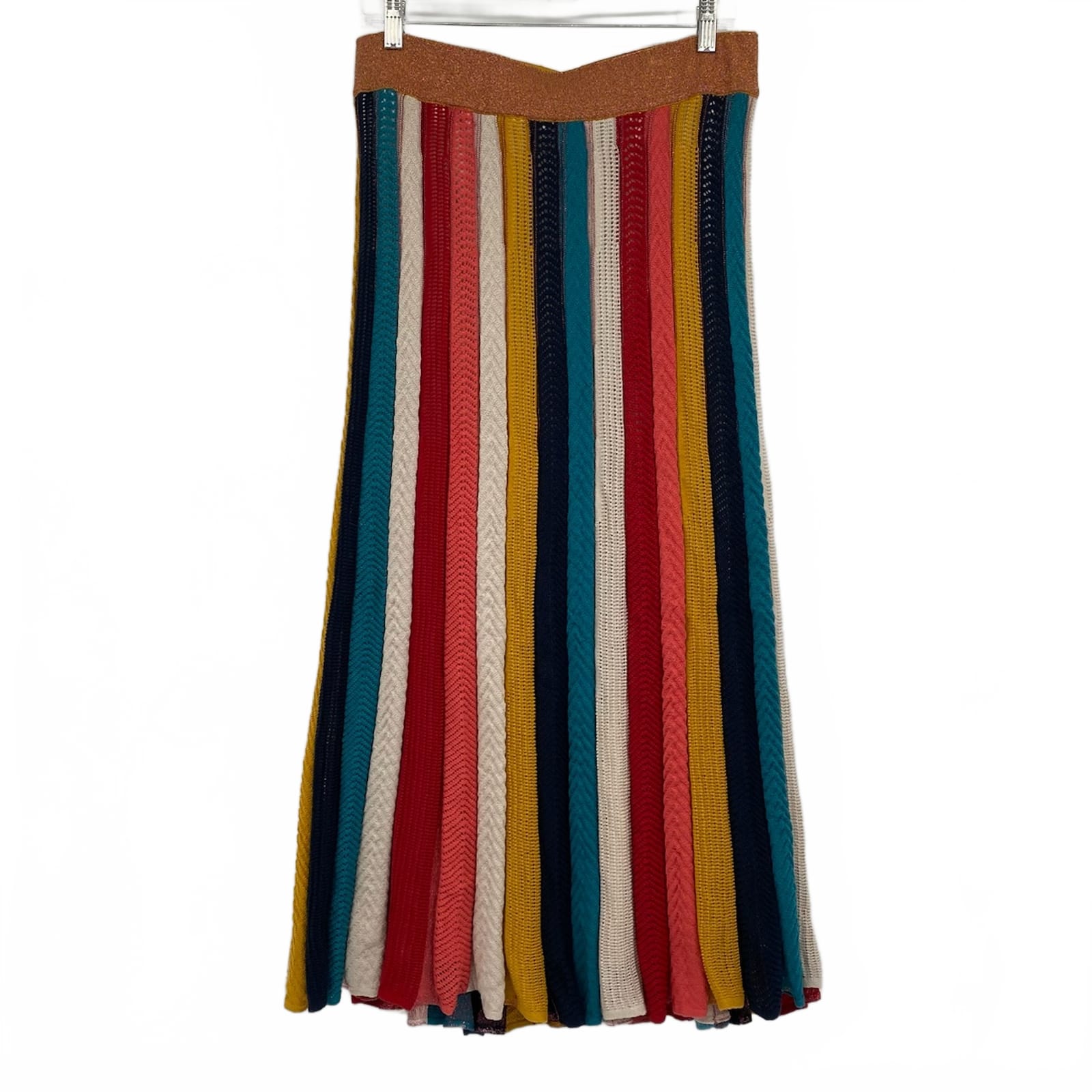 FARM Rio Yellow Blue Striped Crochet Tinsel Midi Skirt