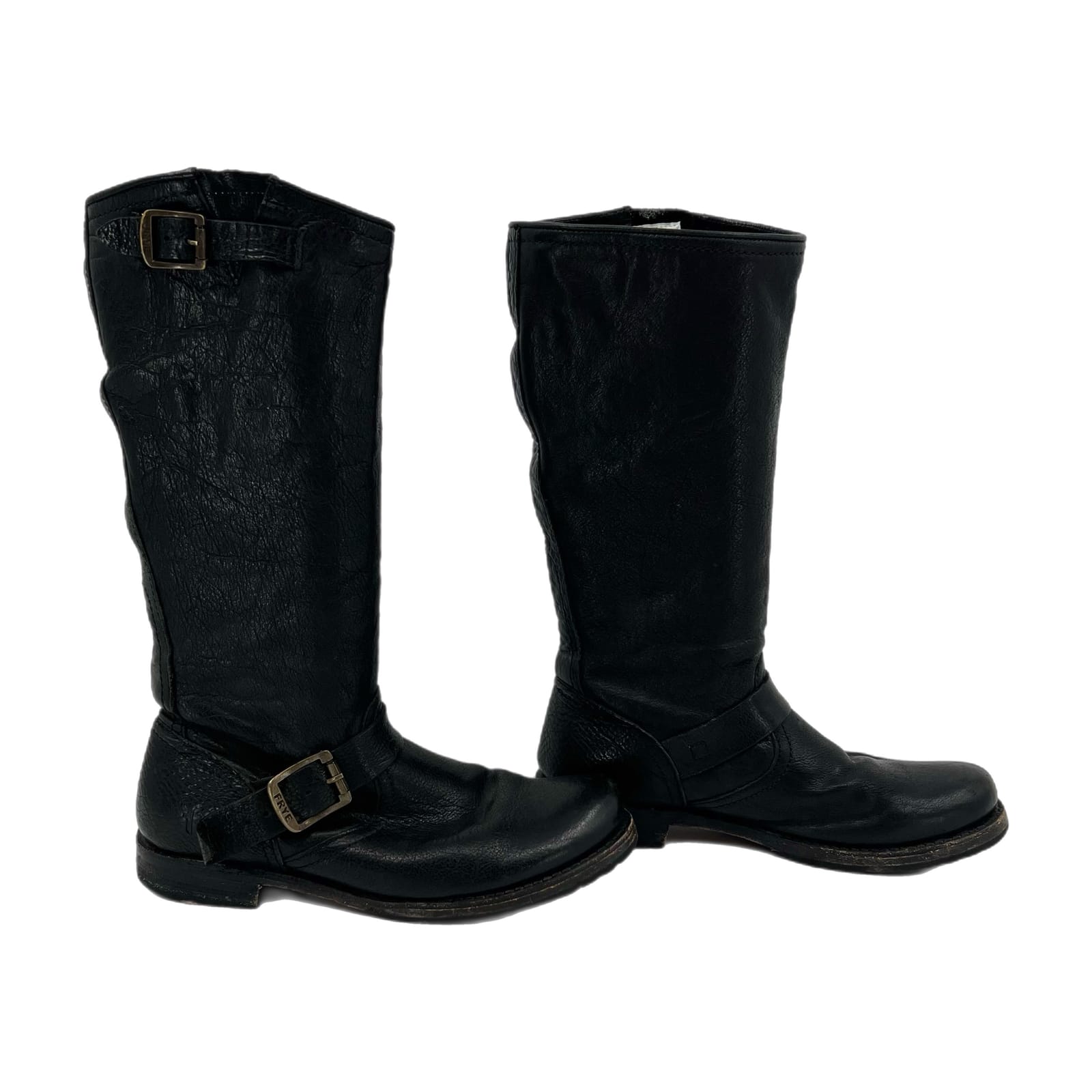 Frye Black Buckle Accent Leather Knee High Boots