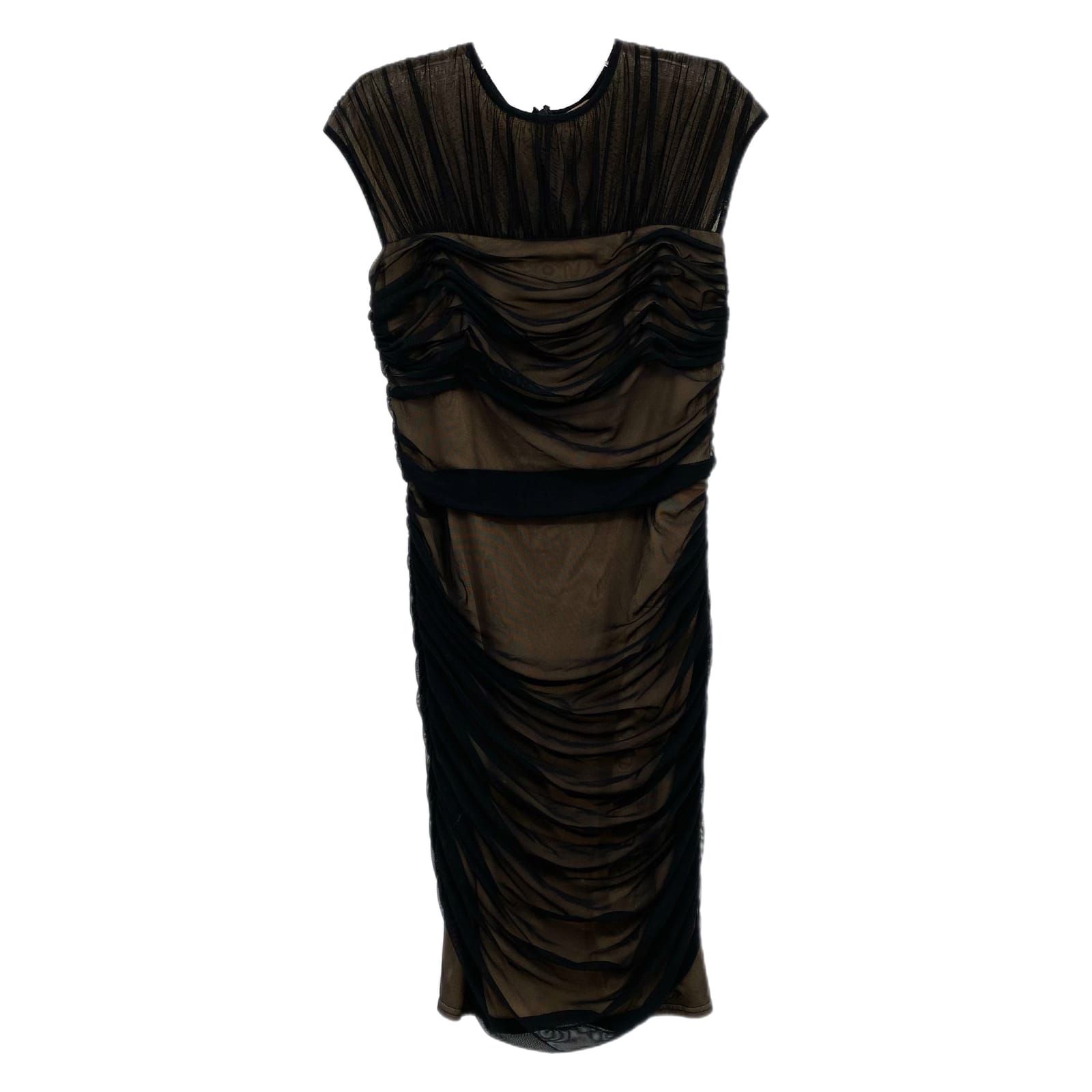 Tadashi Shoji Black Ruched Mesh Midi Dress