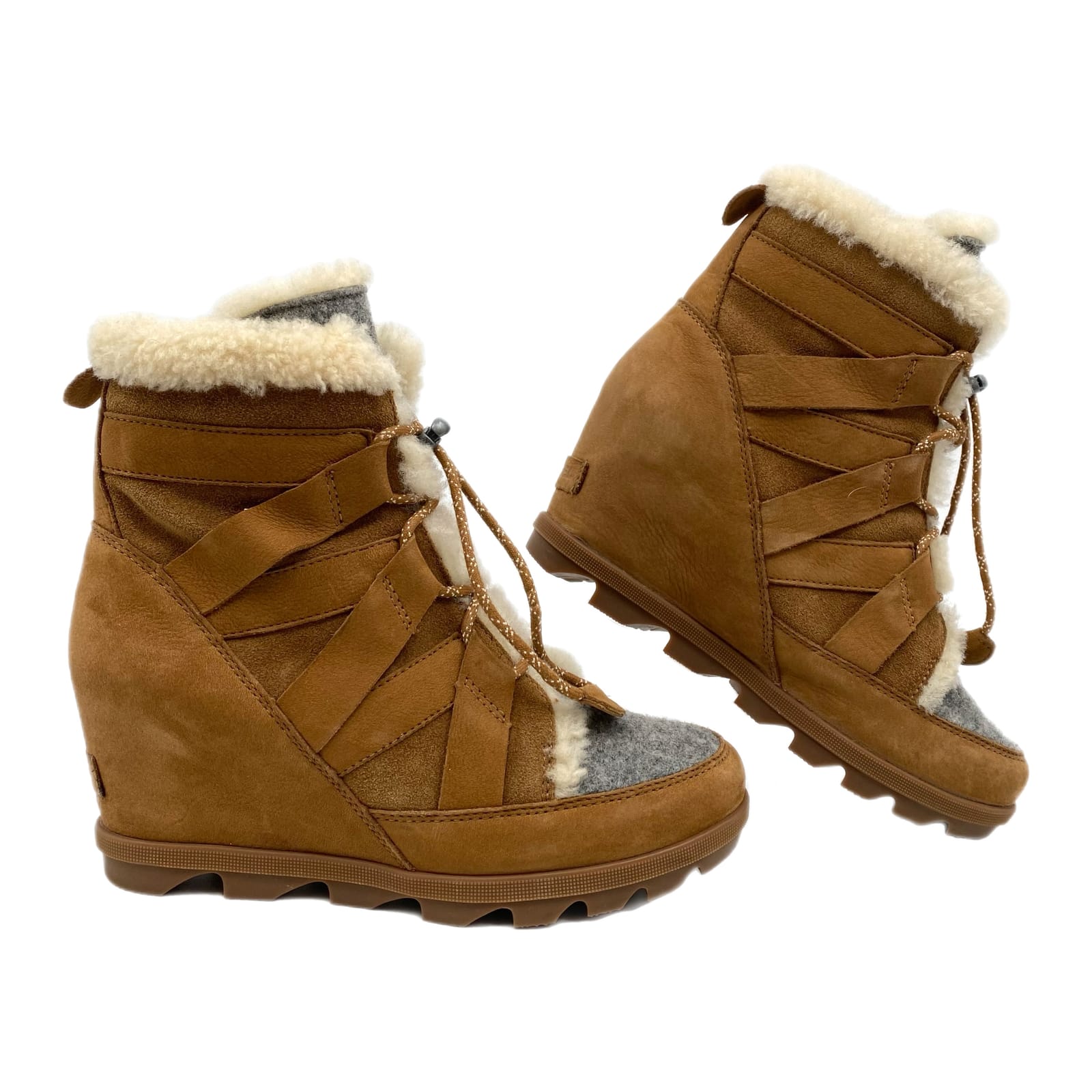 Sorel Brown Gray Shearling Joan of Arctic Wedge II Cozy Ankle Boots