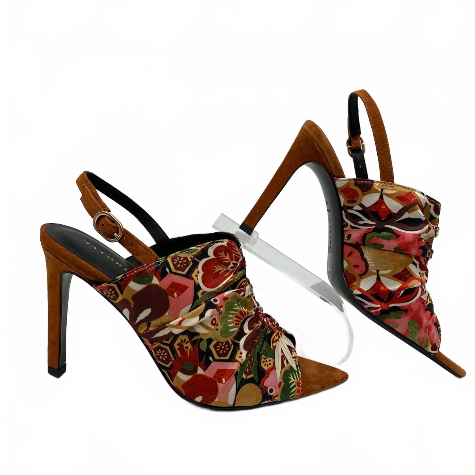 Natori Brown Red Patterned Slingback Peep Toe Heels
