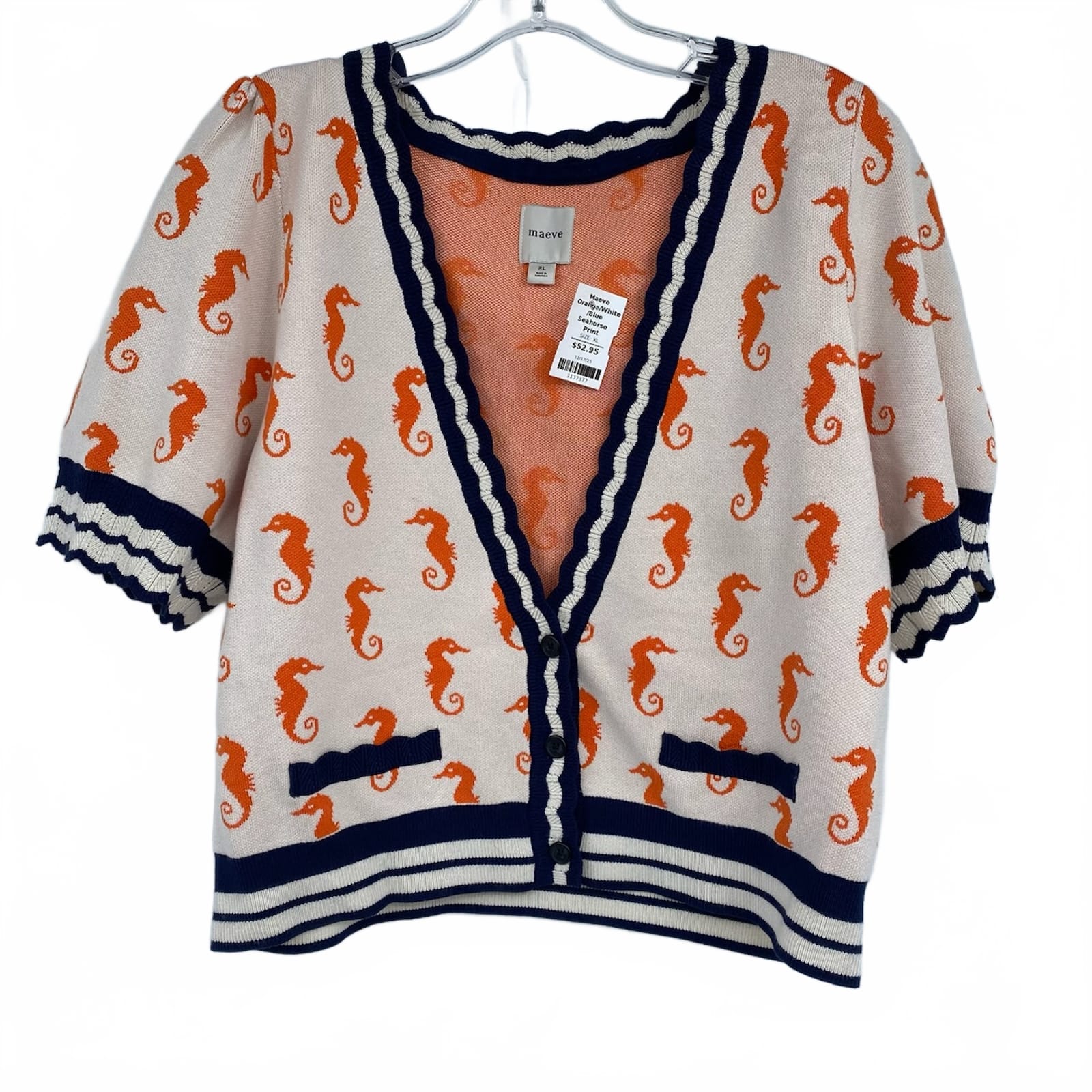 Maeve Orange/White/Blue Seahorse Print Cardigan