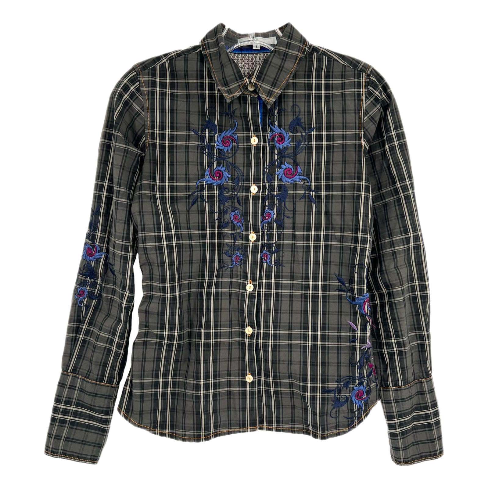3J Gray Black Plaid Embroidered Button Up Shirt