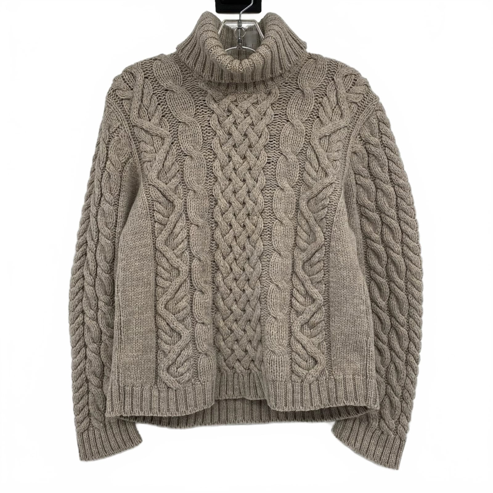 Peregrine Beige Cable Knit Wool Turtleneck Sweater