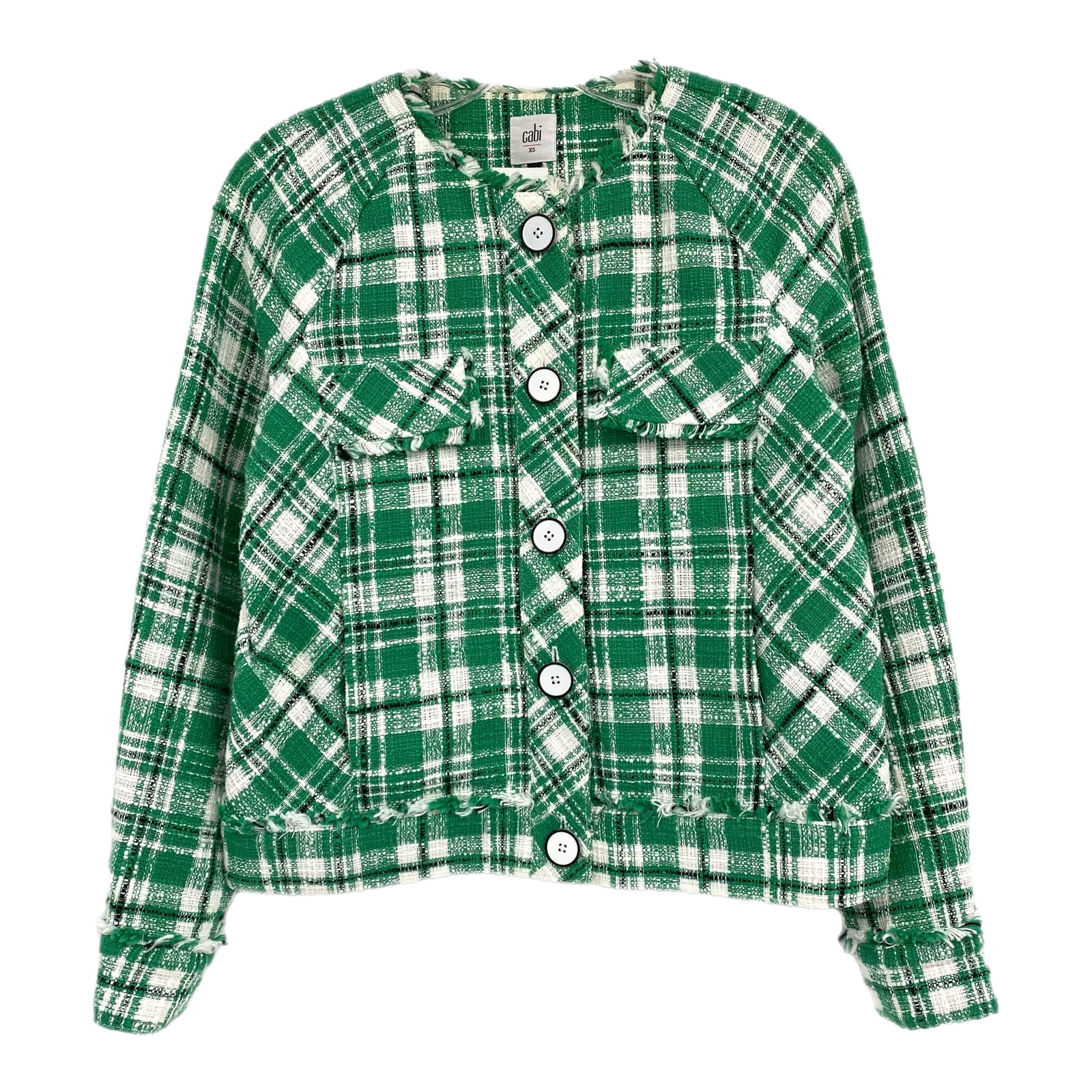 CAbi Green White Plaid Tweed Library Jacket