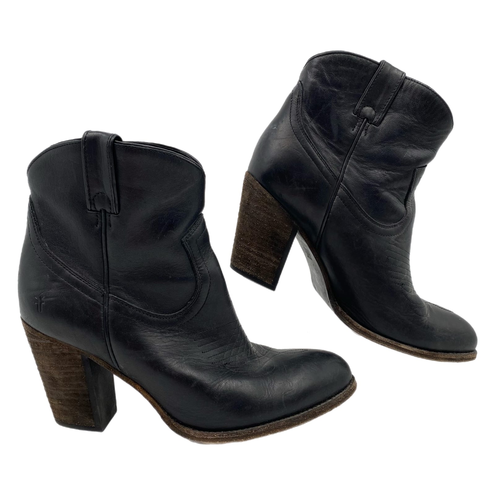 Frye Black Leather Heeled Western Ankle Boots