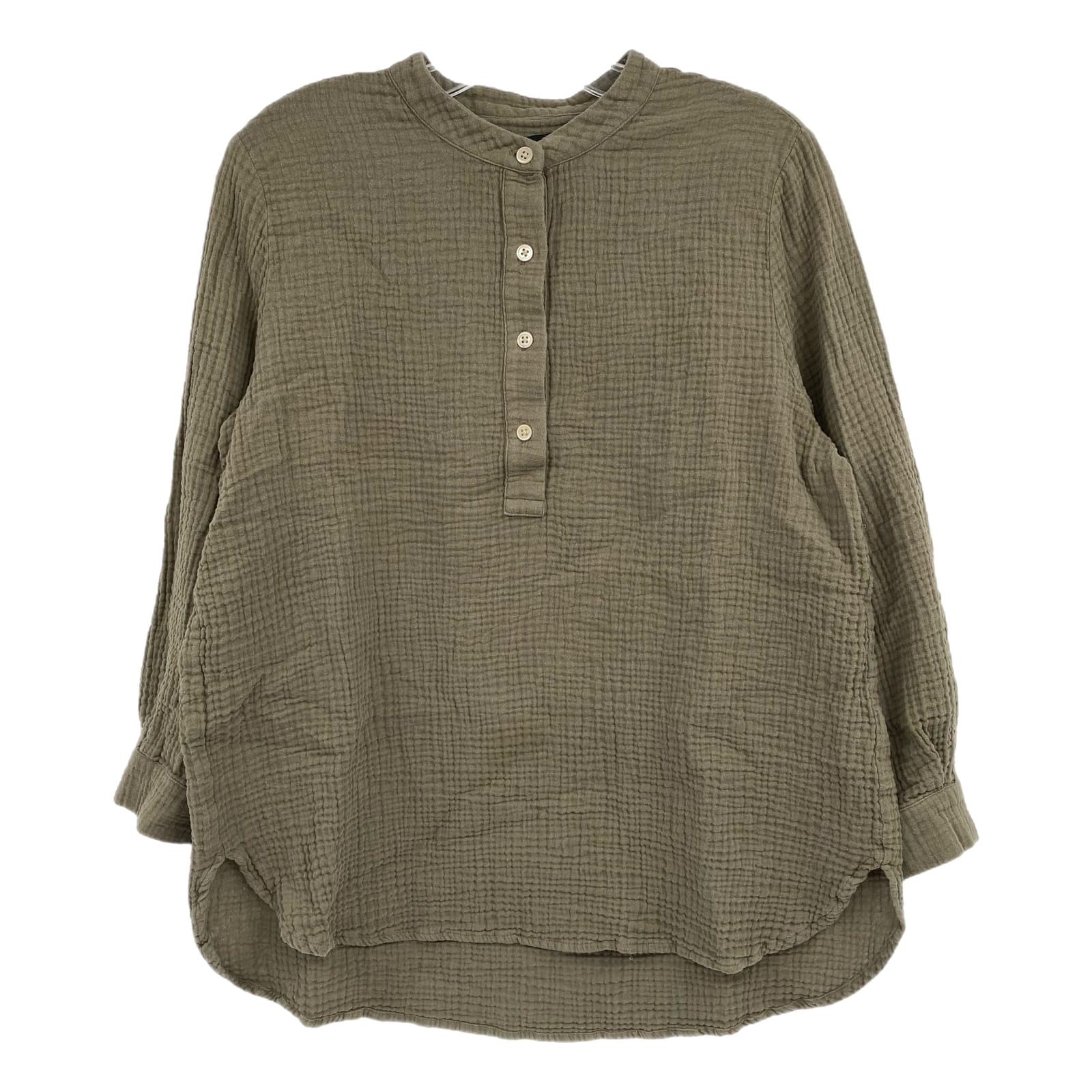 Jenni Kayne Green Crinkled Cotton Button Accent Long Sleeve Blouse