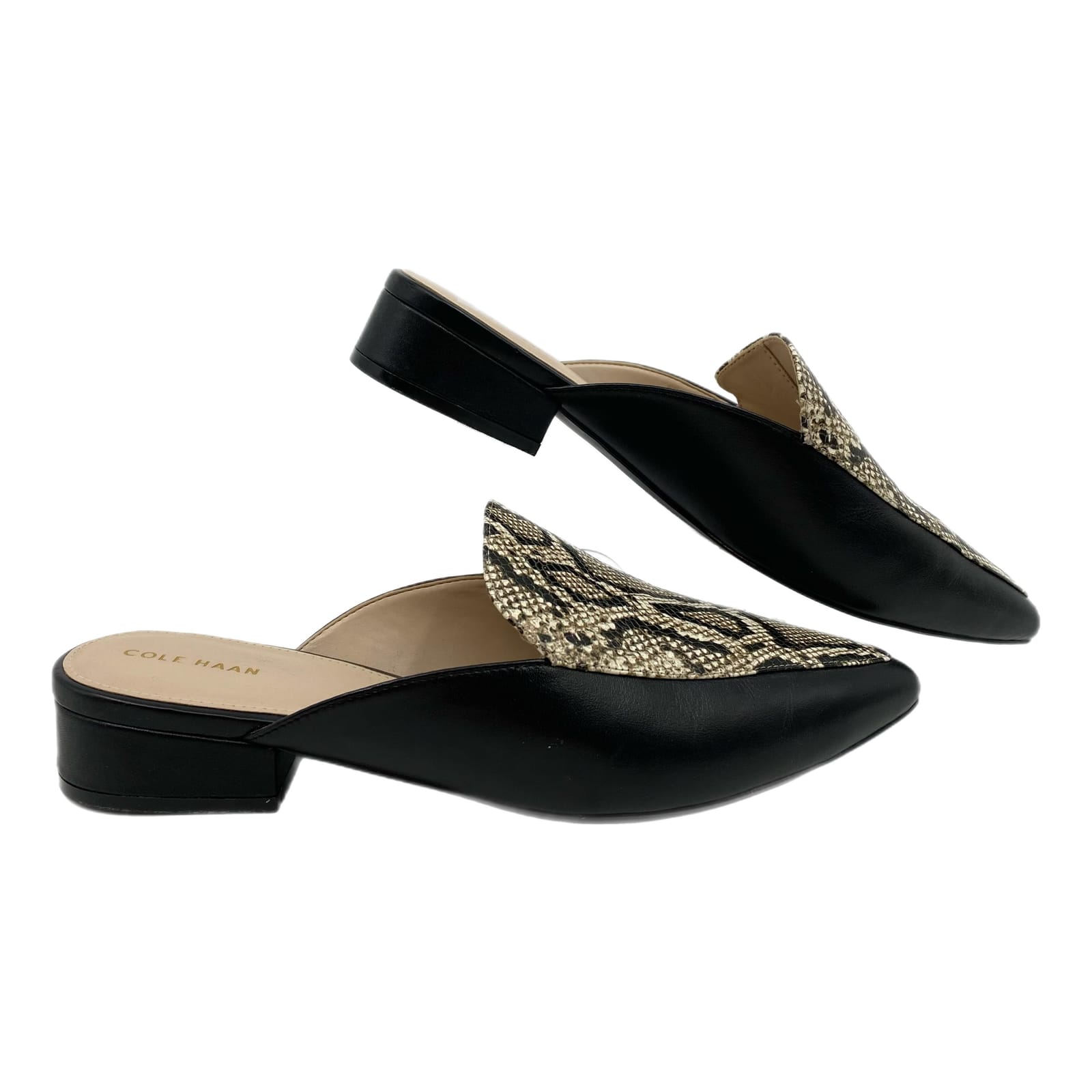 Cole Haan Black Cream Snakeskin Print Mules