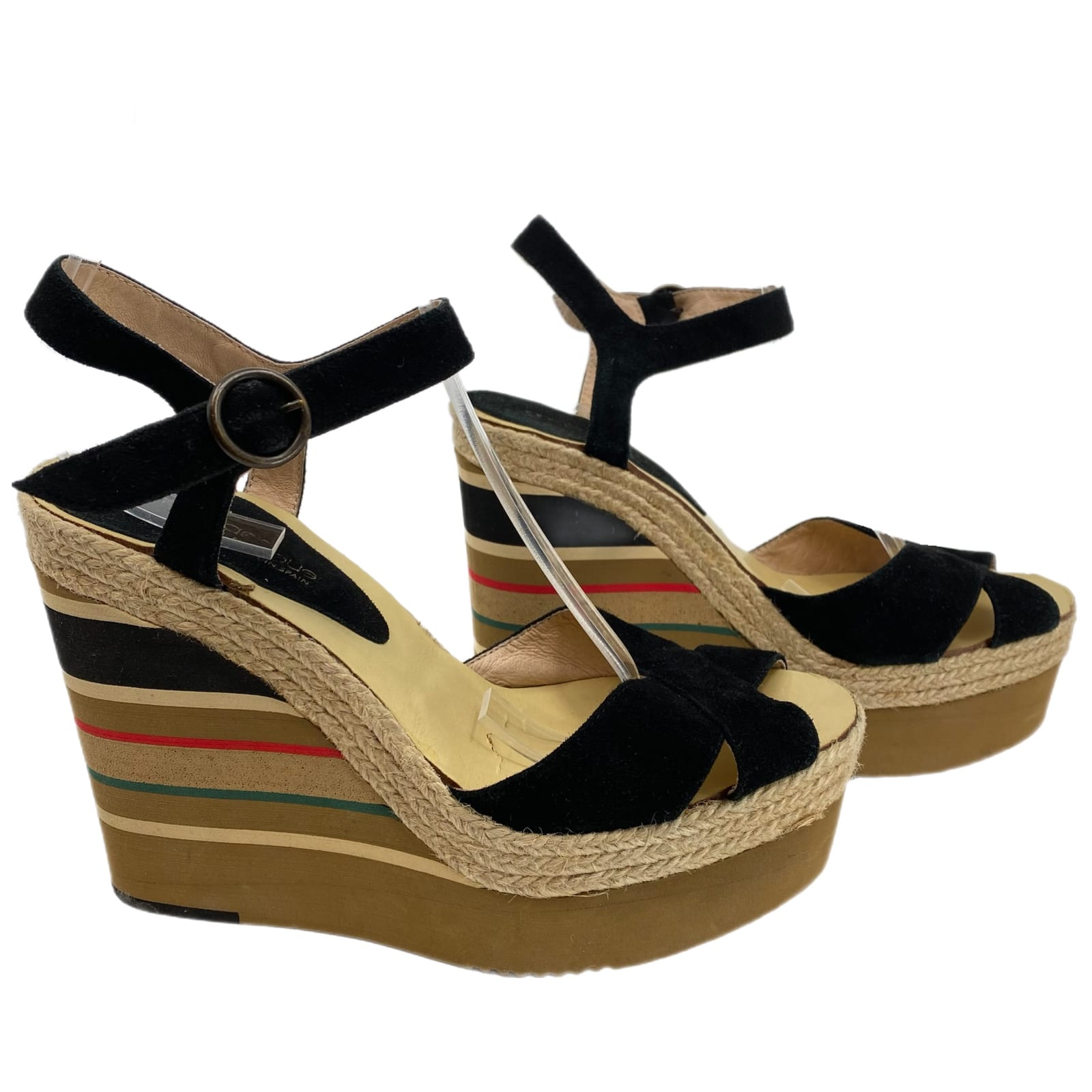 Andre Assous Black Striped Wedge Sandals