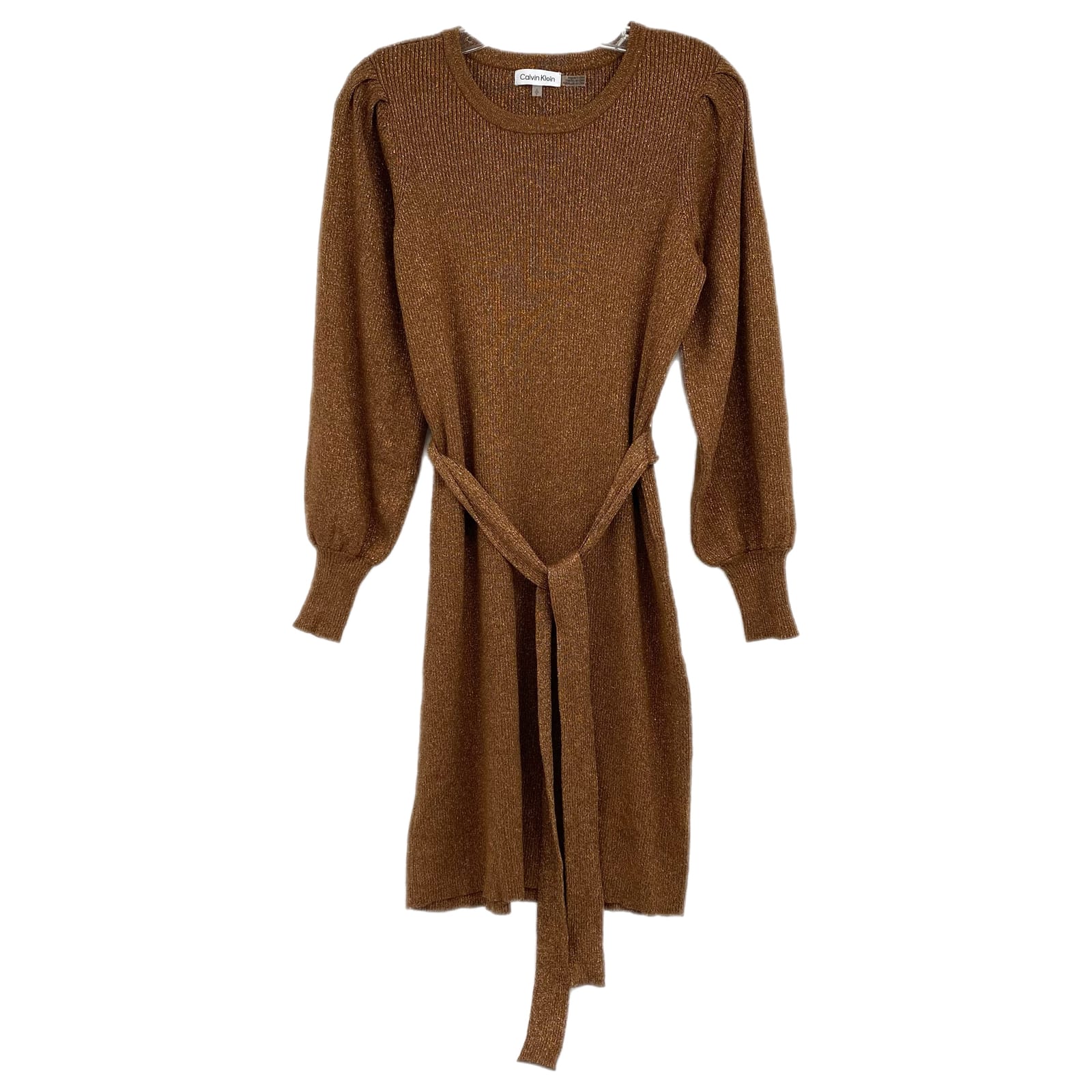 Calvin Klein Brown Metallic Puff Sleeve Sweater Mini Dress