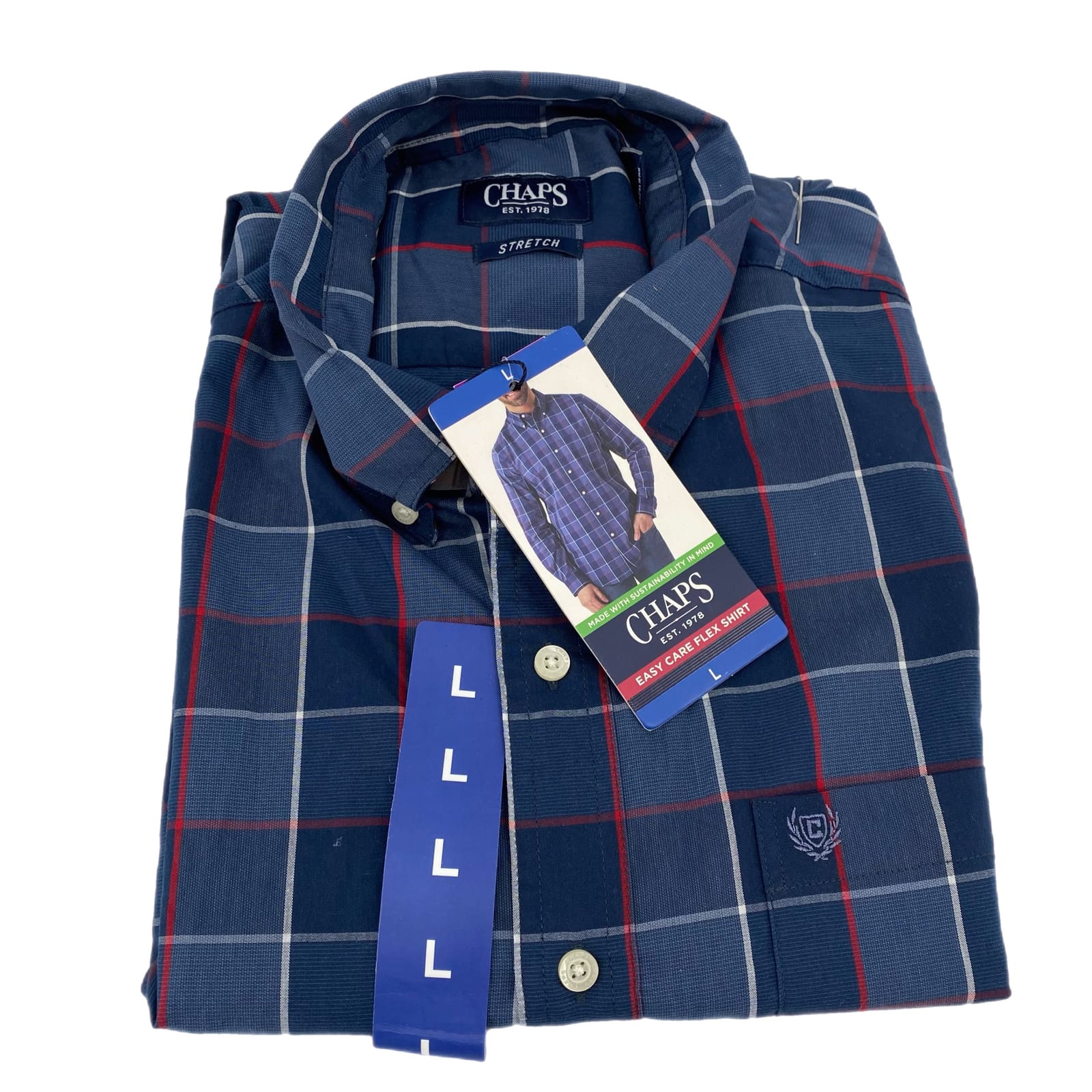 Chaps Blue & White Plaid Long Sleeve Button-Up Shirt