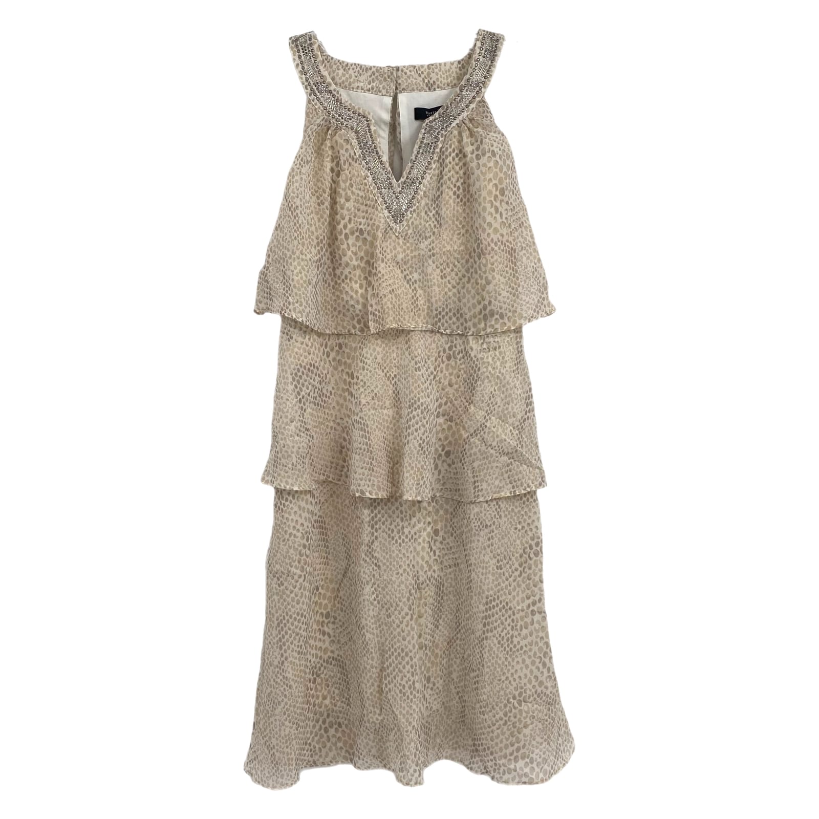WHBM Beige Snakeskin Print Studded Neck Mini Dress
