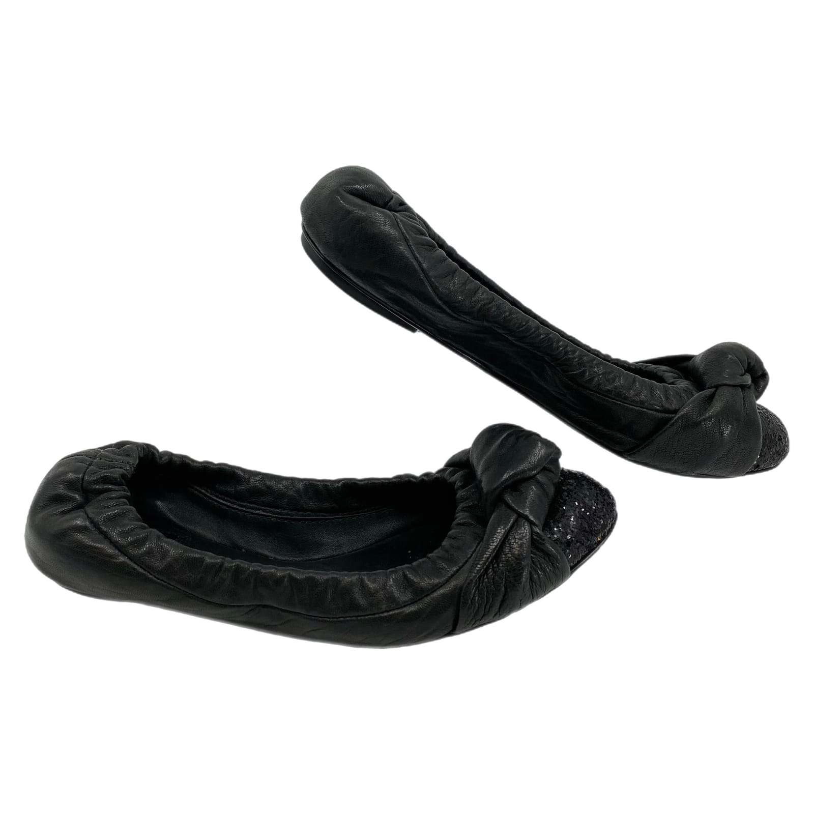 Tory Burch Black Leather Knot Glitter Accent Flats