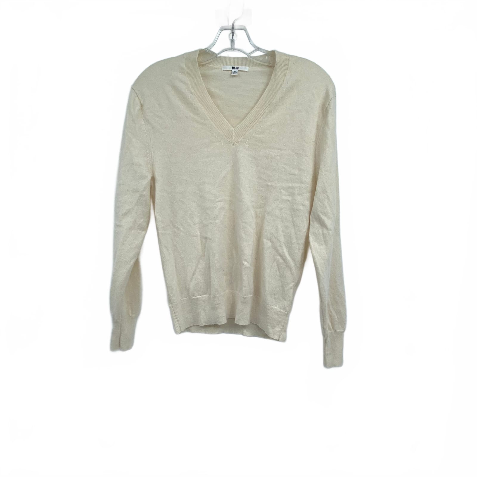 Uniqlo White V-Neck Cashmere Pullover