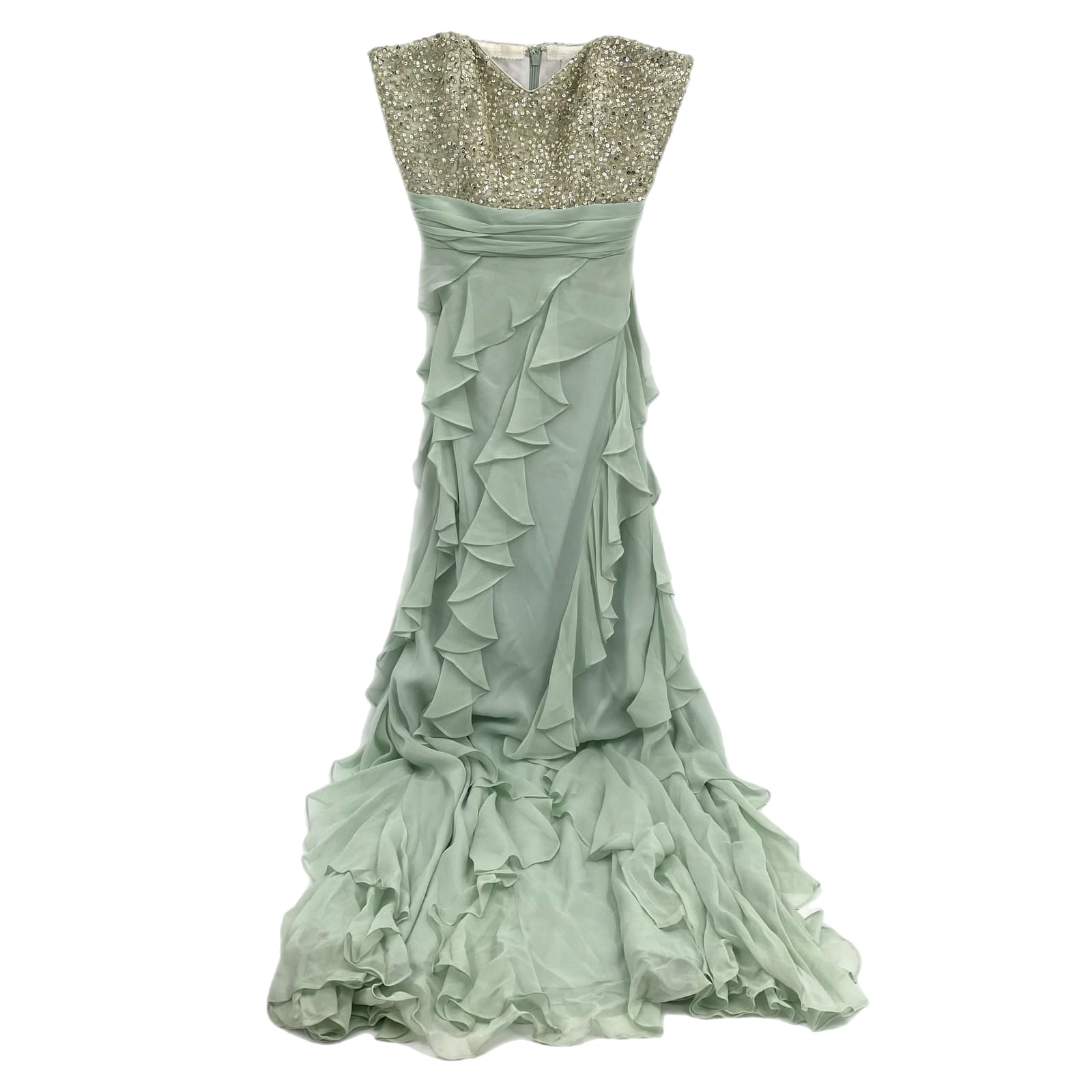 Badgley Mischka Green Beaded Ruffle Strapless Maxi Dress