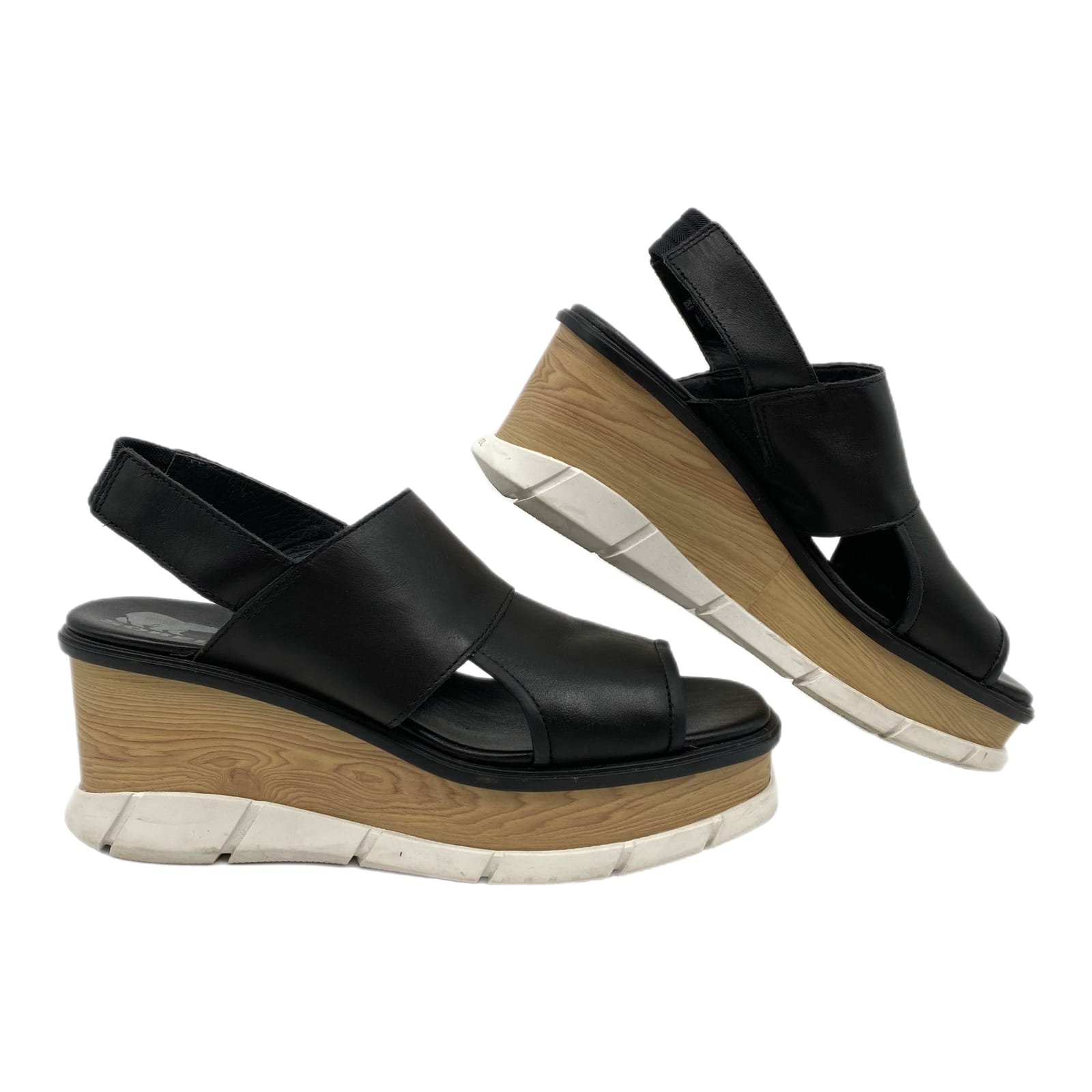 Sorel Black Leather Peep Toe Wedge Sandals