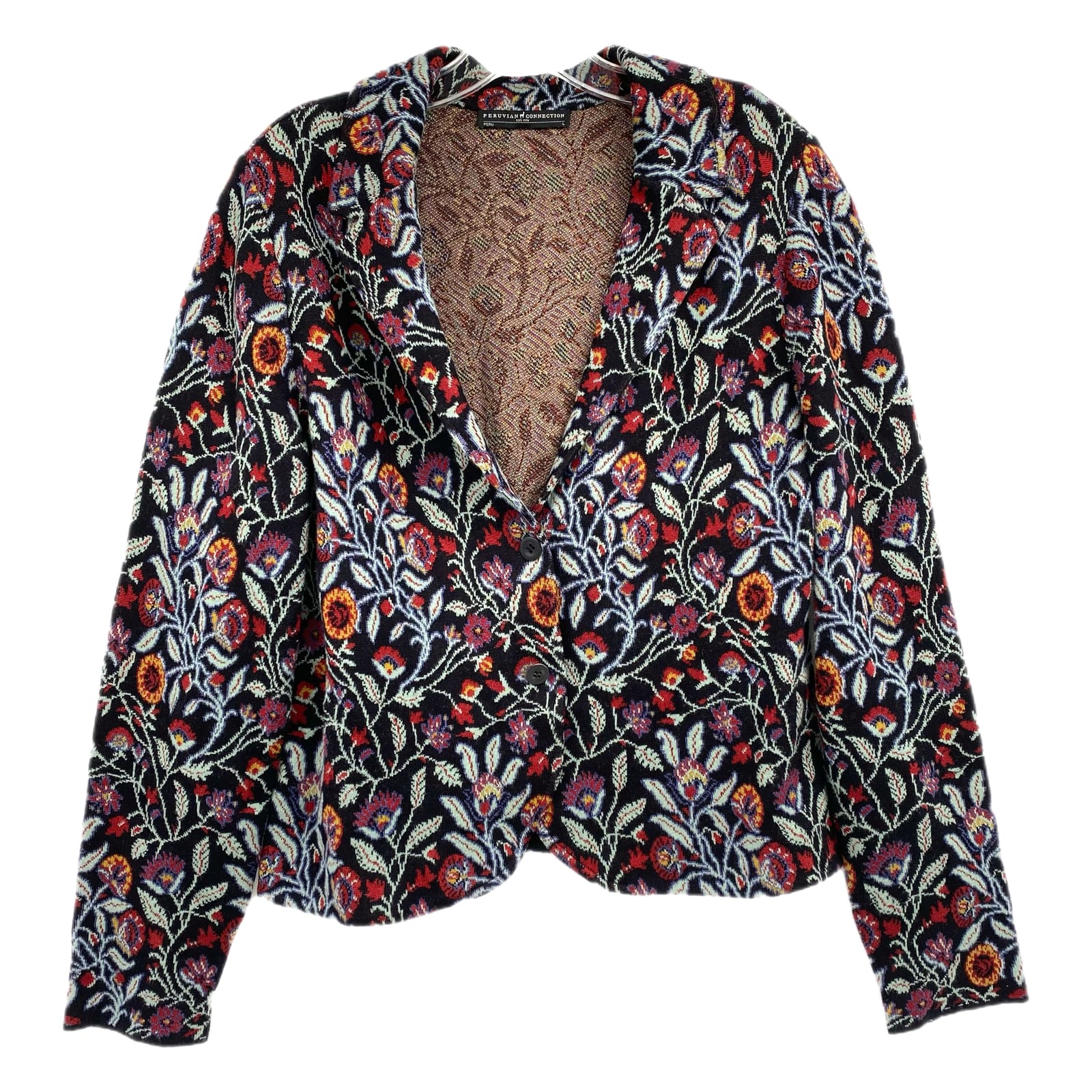 Peruvian Connection Black Red Floral Cardigan