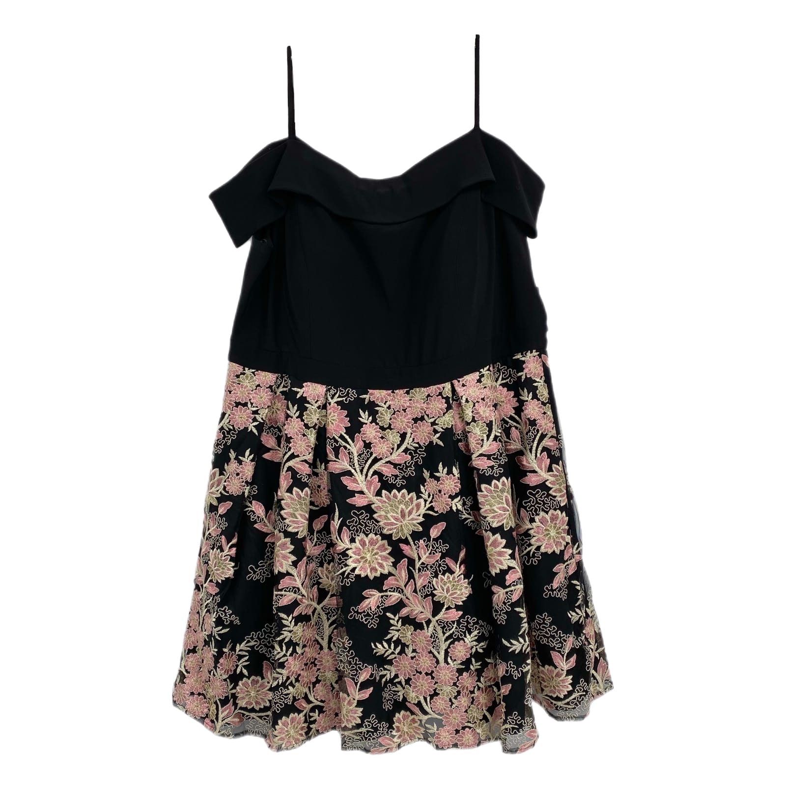 Morgan & Co. Black Pink Embroidered Tulle Off the Shoulder Mini Dress