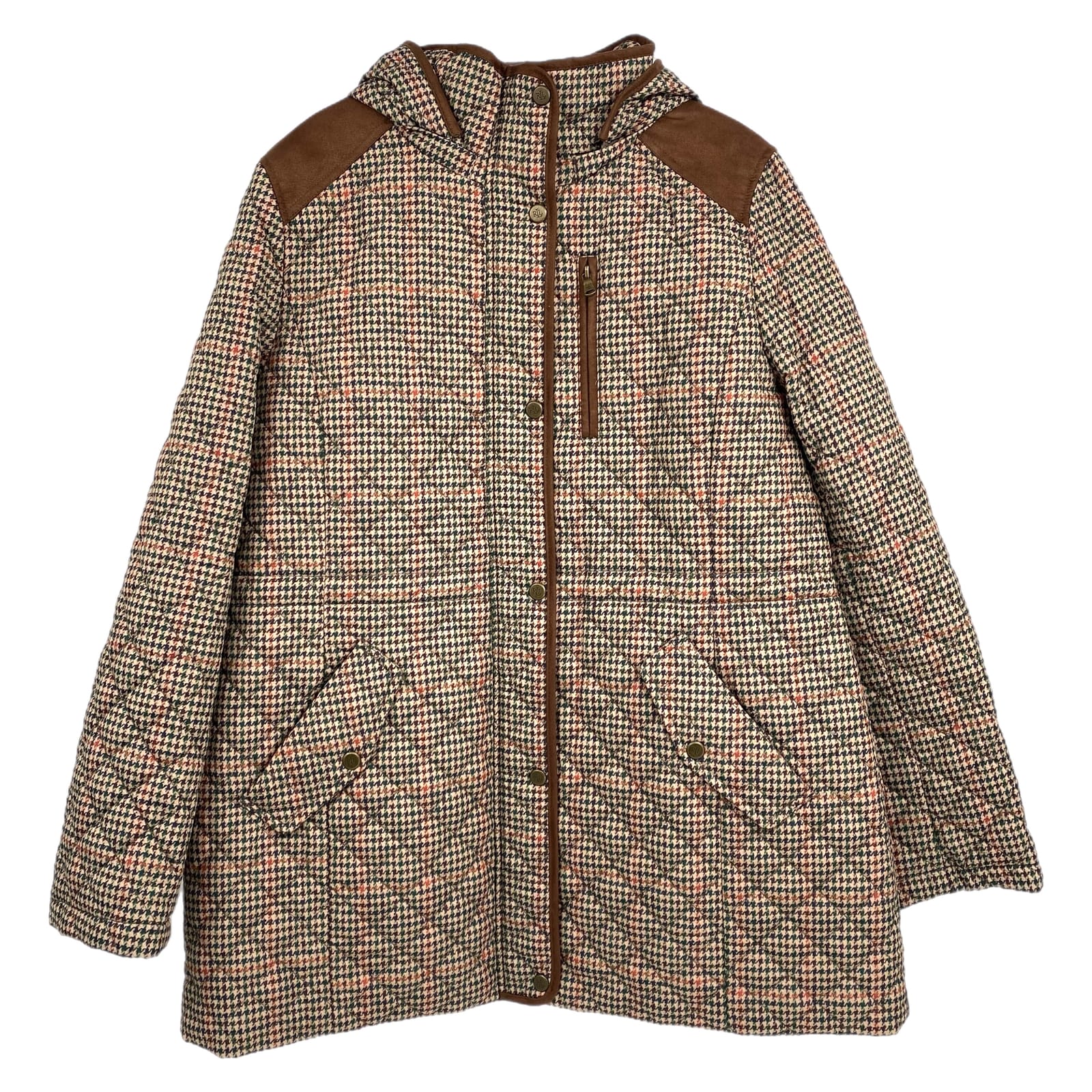 Ralph Lauren Brown Orange Houndstooth Quilted Jacket with Detachable Hood.